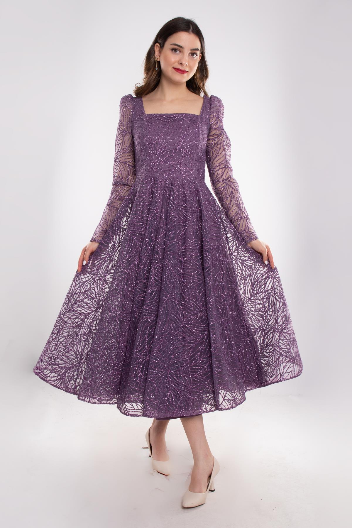 1299 Kare Yaka Uzunkol Simli Eteği Valon Midiboy Elbise