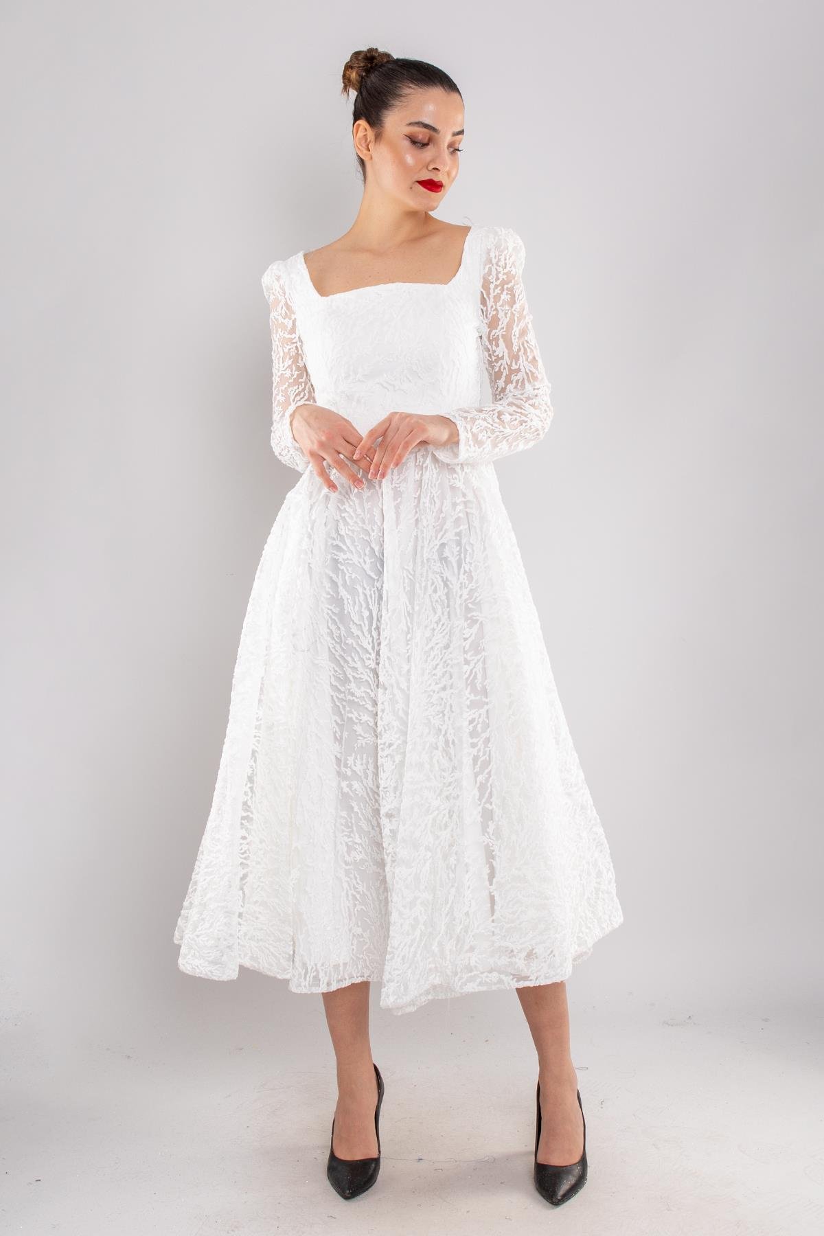 1299 Kare Yaka Uzunkol Simli Eteği Valon Midiboy Elbise