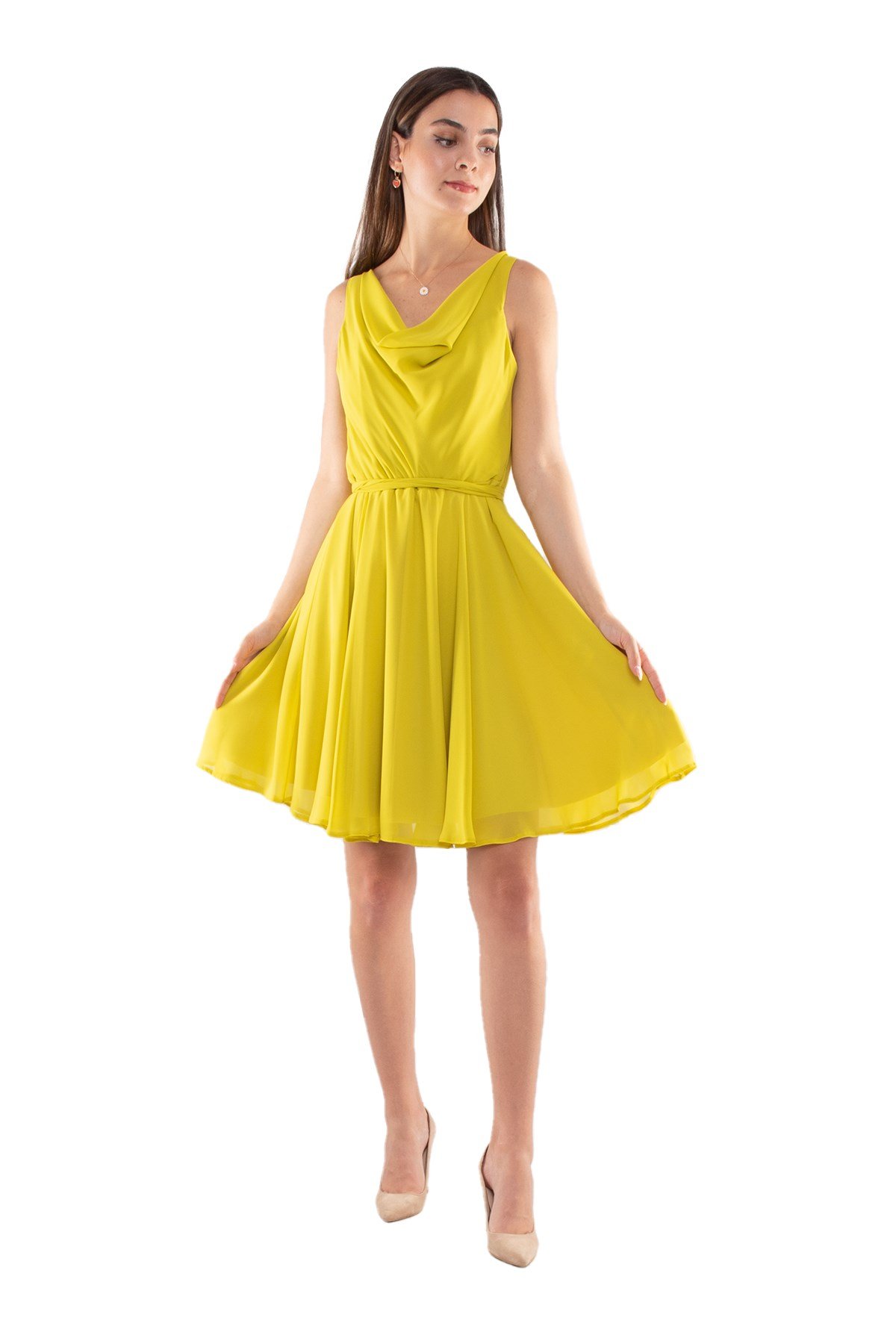 1301 Şal Yaka Beli Kuşaklı Kısa Saten Elbise