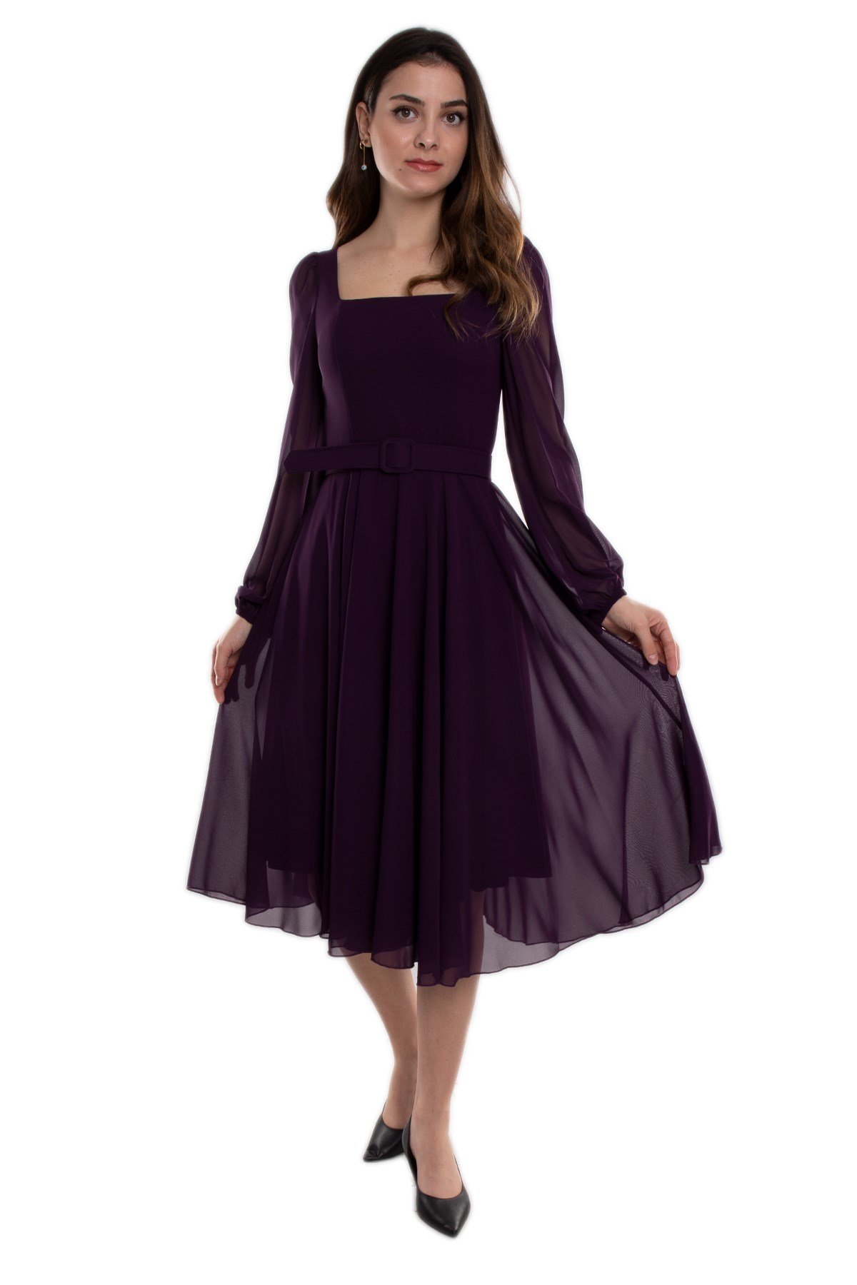 1302 Tül Kol Kare Yaka Kemerli Şifon Kloş Kısa Elbise