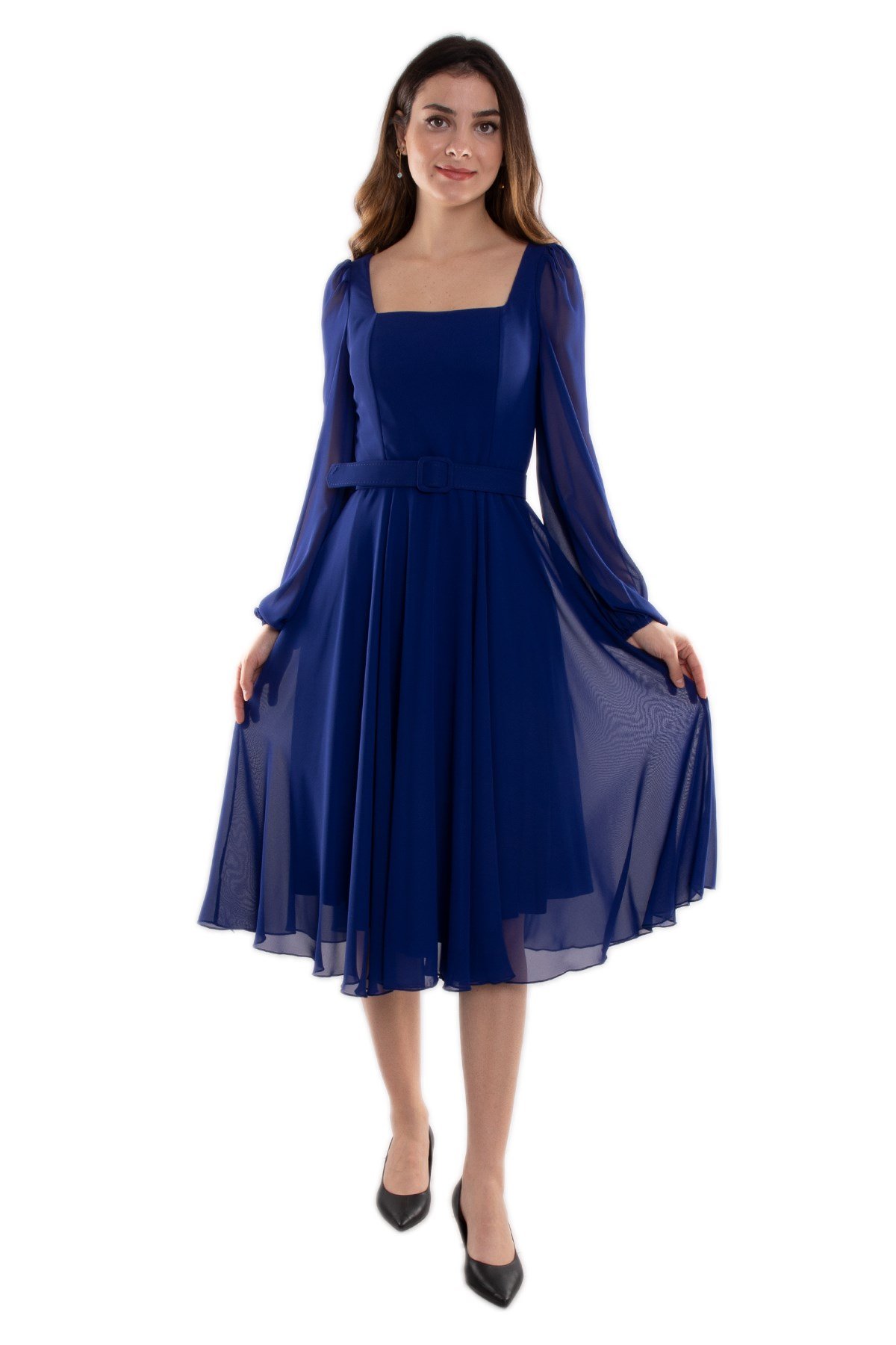 1302 Tül Kol Kare Yaka Kemerli Şifon Kloş Kısa Elbise