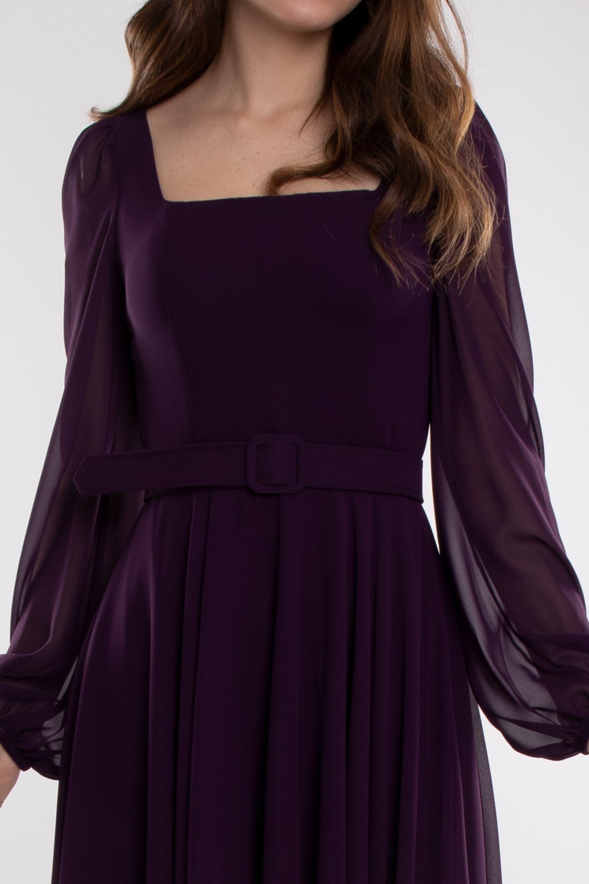 1302 Tül Kol Kare Yaka Kemerli Şifon Kloş Kısa Elbise