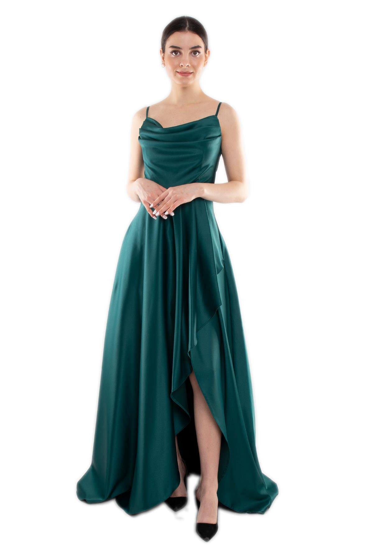 1324 Şalyaka Yırtmaçlı İpAskılı Sırtı Bağlamalı Uzun Saten Elbise