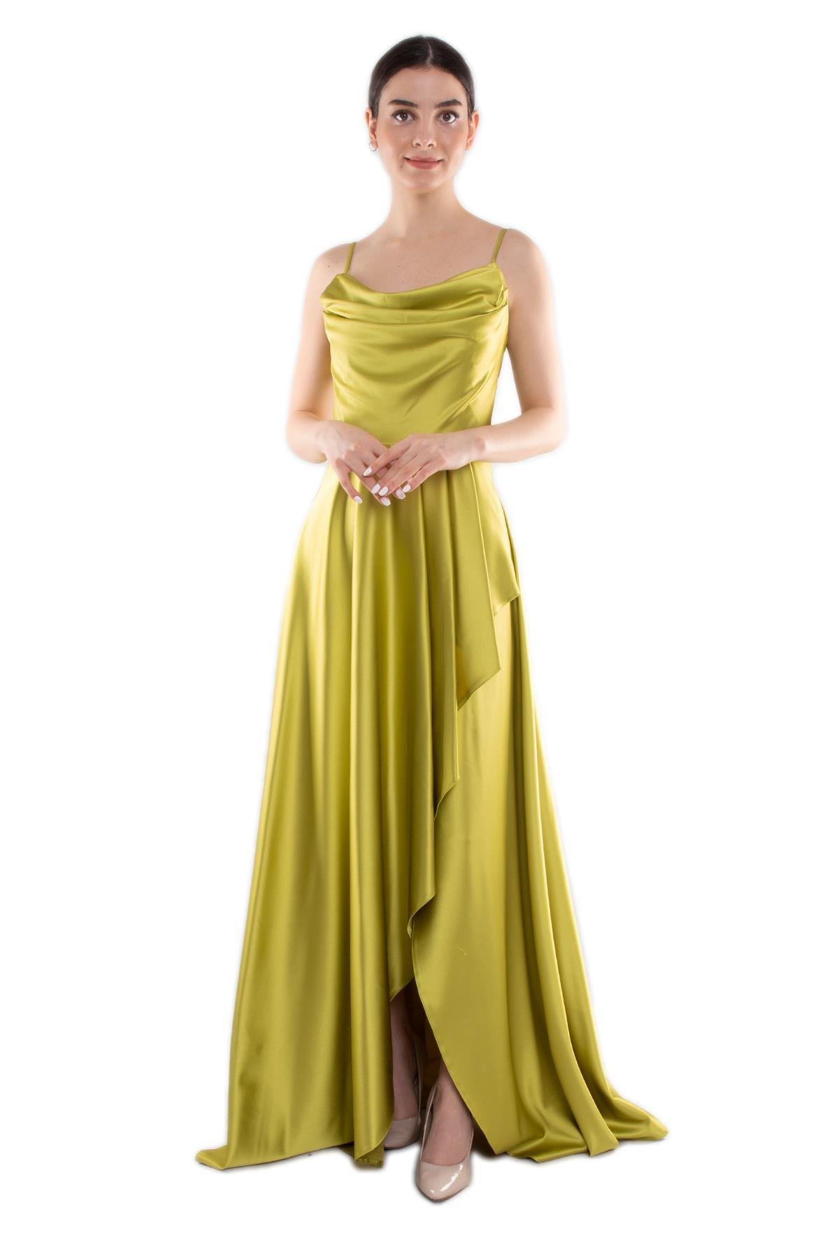 1324 Şalyaka Yırtmaçlı İpAskılı Sırtı Bağlamalı Uzun Saten Elbise