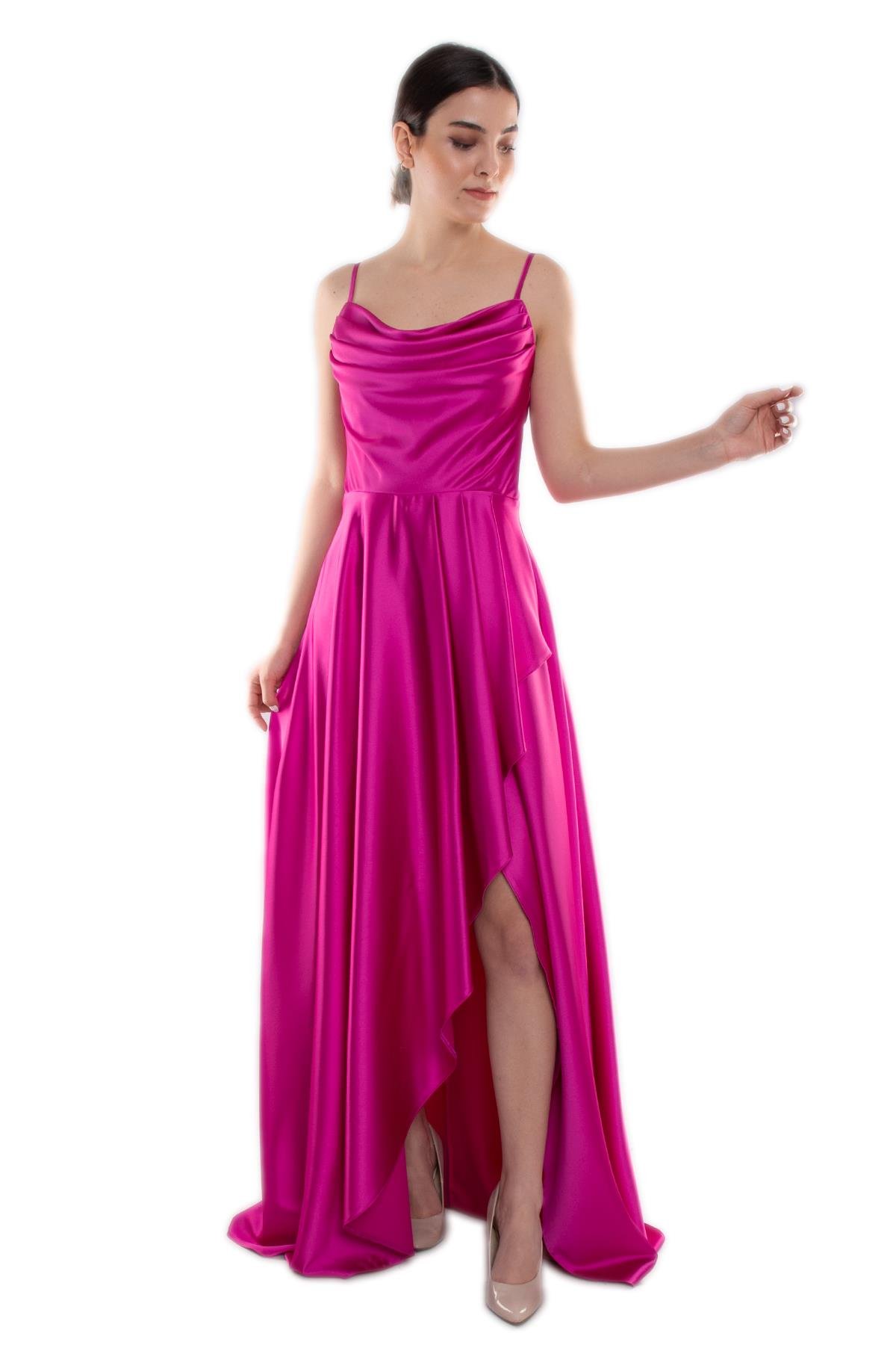 1324 Şalyaka Yırtmaçlı İpAskılı Sırtı Bağlamalı Uzun Saten Elbise