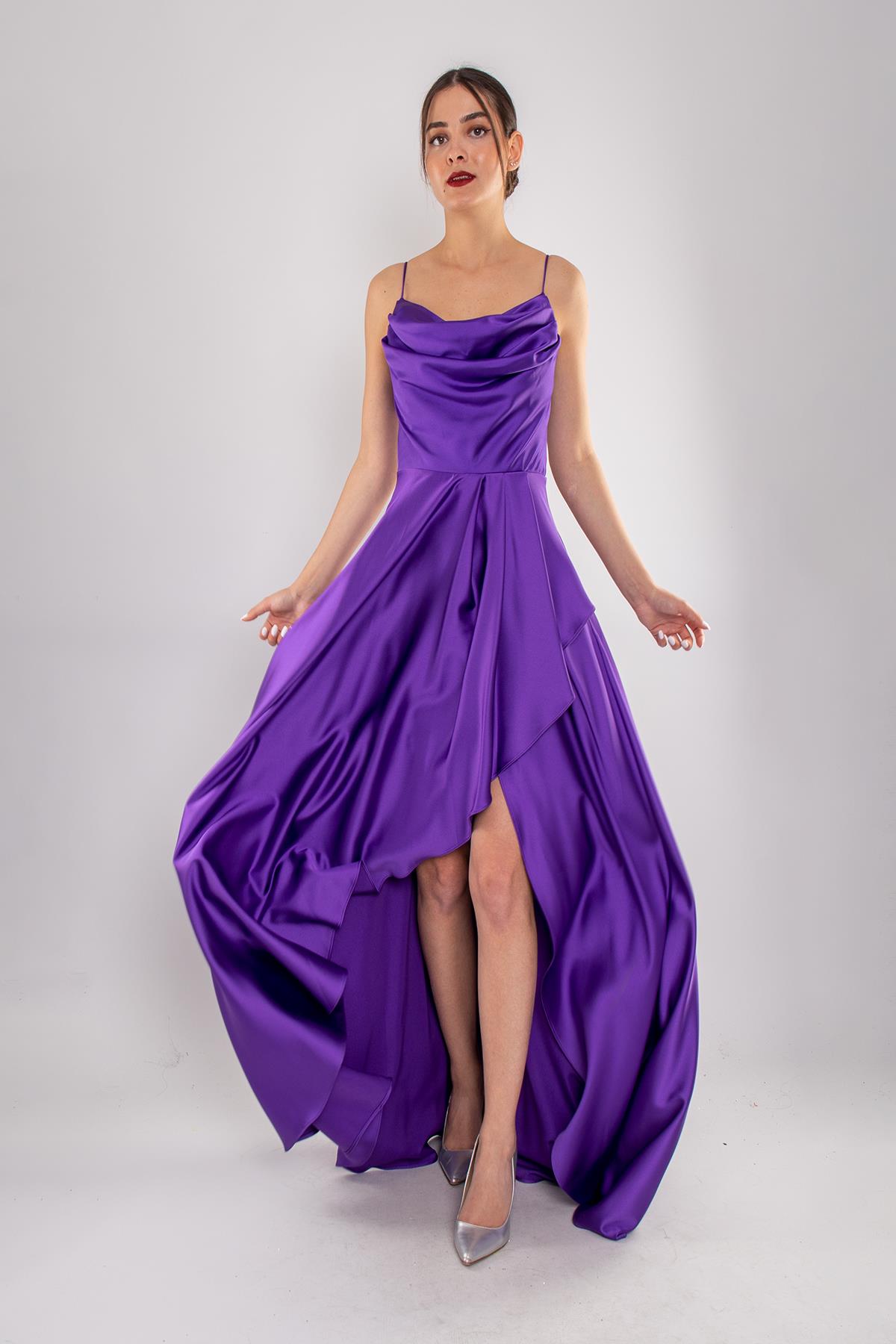 1324 Şalyaka Yırtmaçlı İpAskılı Sırtı Bağlamalı Uzun Saten Elbise