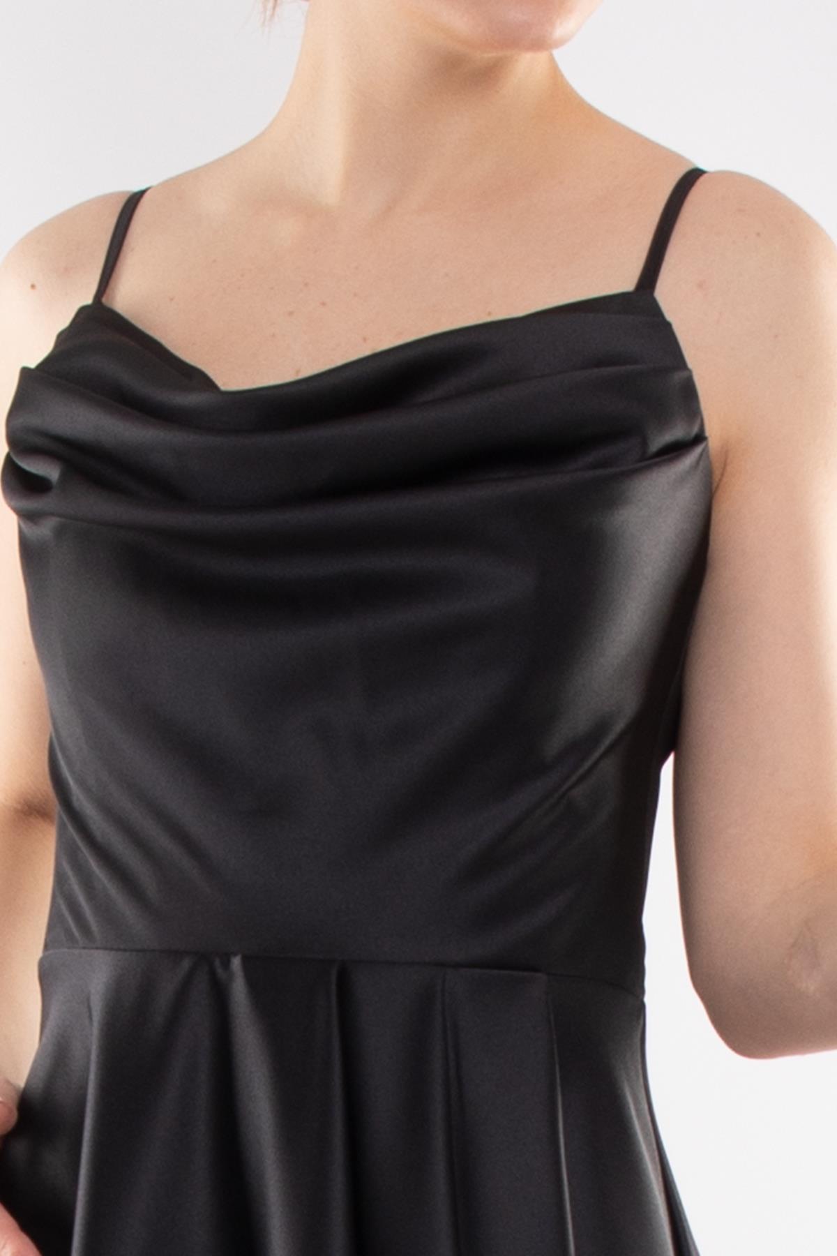 1324 Şalyaka Yırtmaçlı İpAskılı Sırtı Bağlamalı Uzun Saten Elbise