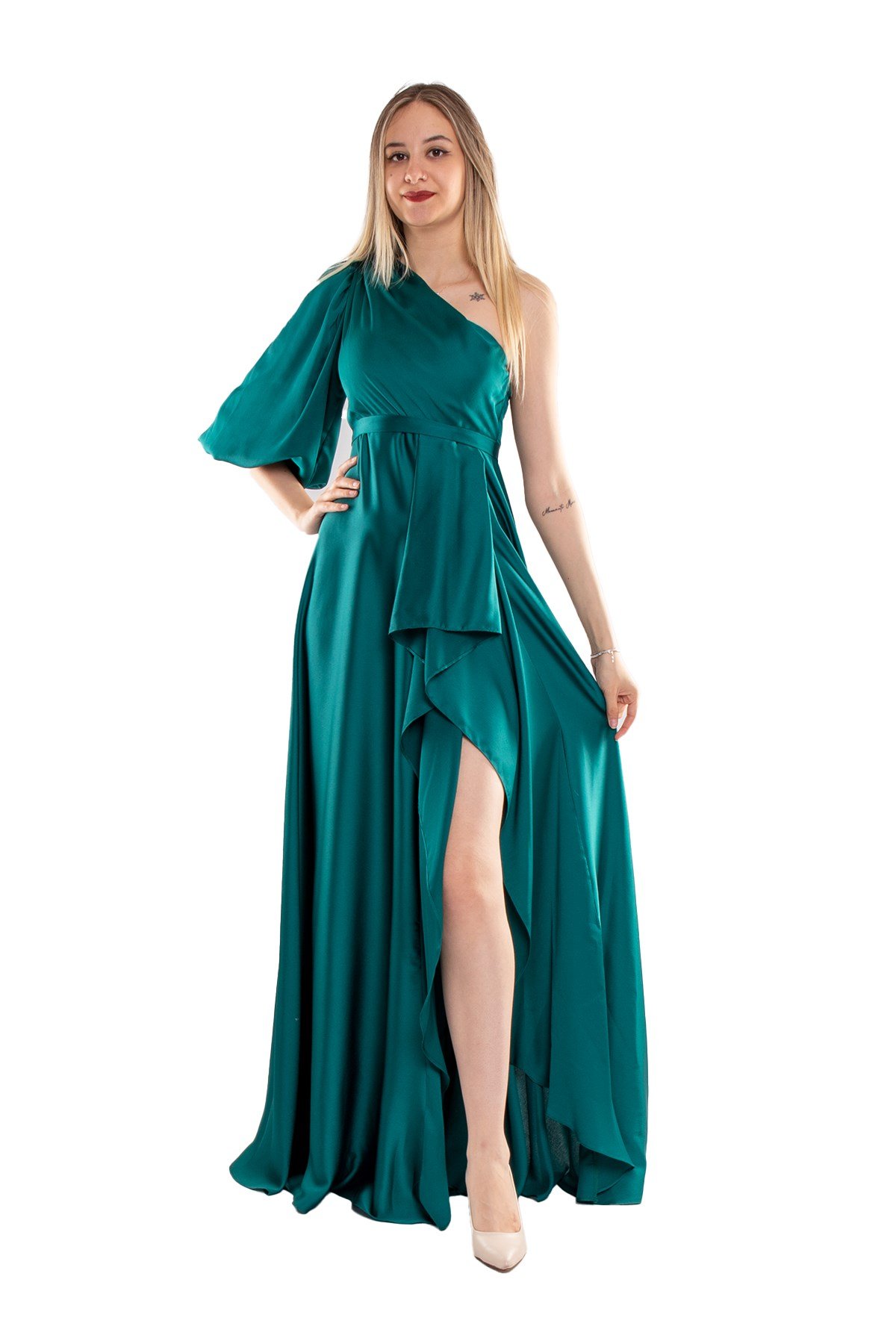 1337 KB Tek Omuz Balon Kol Yırtmaçlı Saten Abiye Elbise