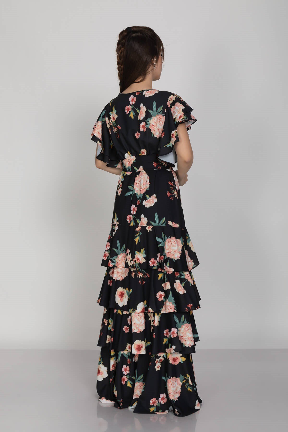 1348 KB Eteği Katkat Gül Desen Krep Şifon Elbise