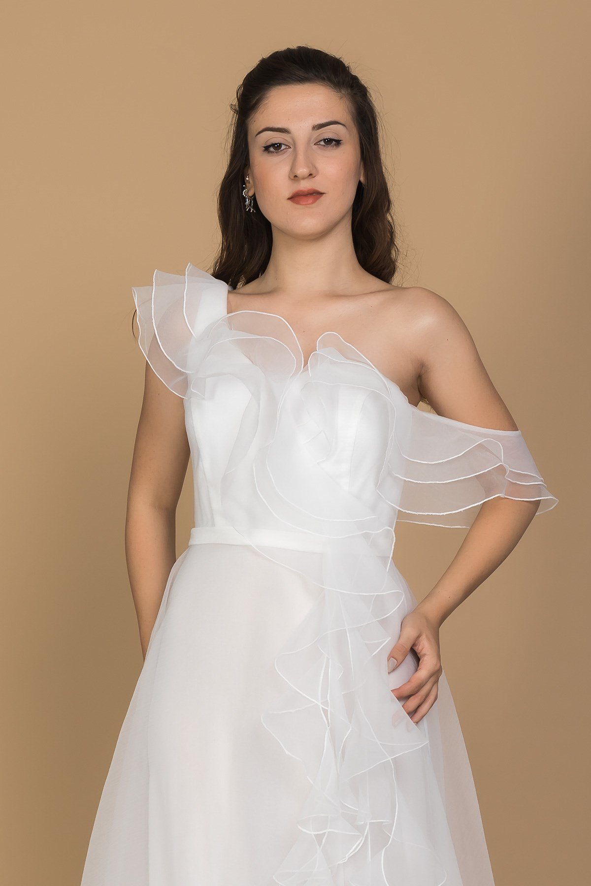 1356 Organze Tül Yaka Omuz Valonlu Uzun Nişanlık Elbise