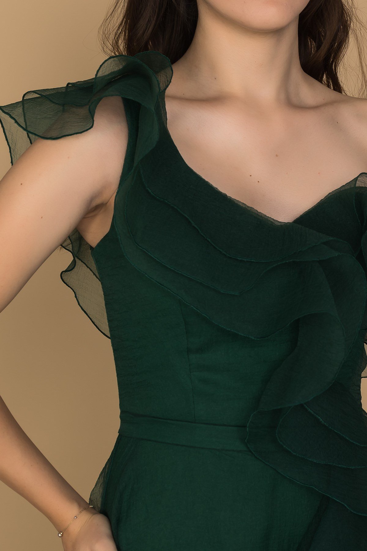 1356 Organze Tül Yaka Omuz Valonlu Uzun Nişanlık Elbise