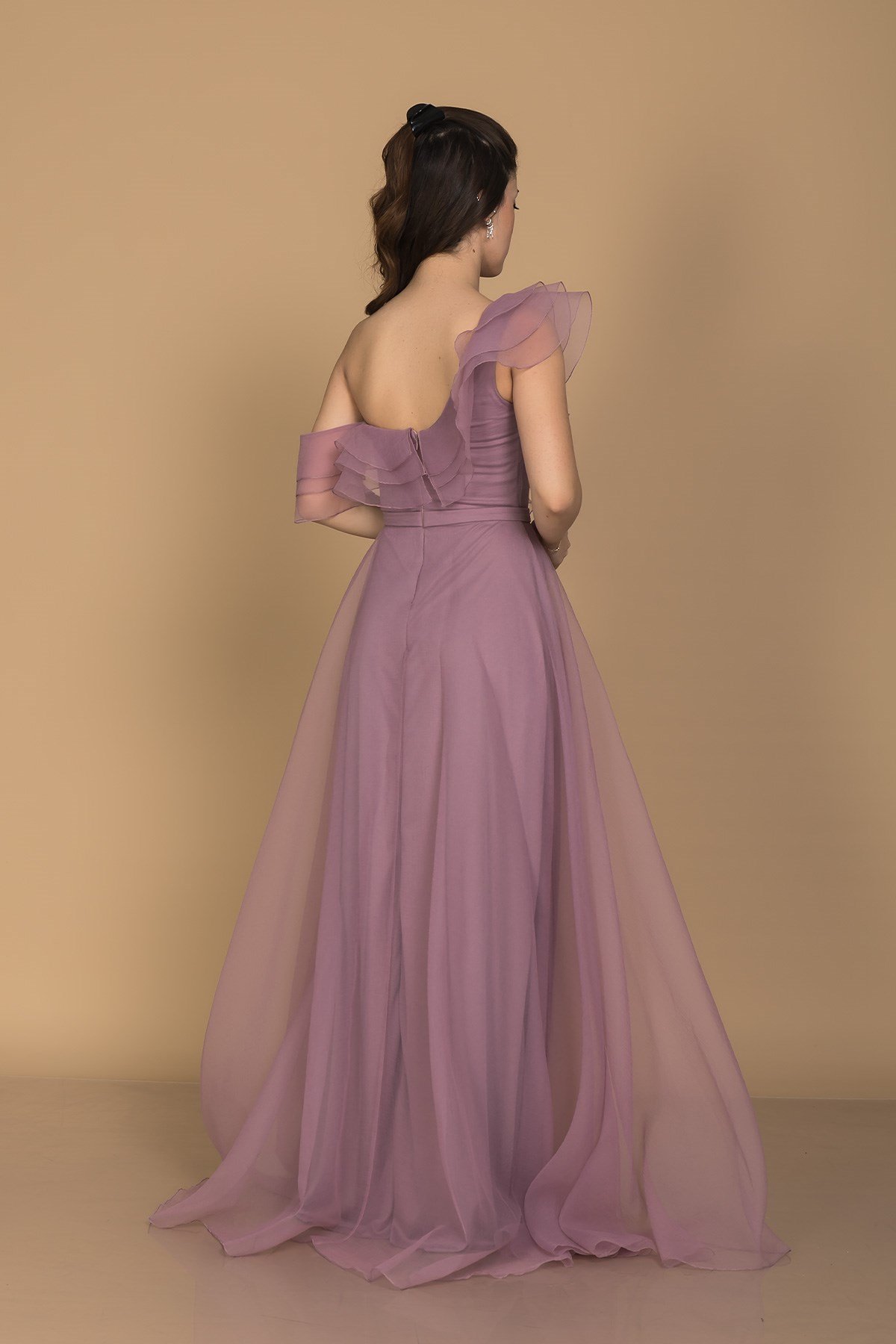 1356 Organze Tül Yaka Omuz Valonlu Uzun Nişanlık Elbise