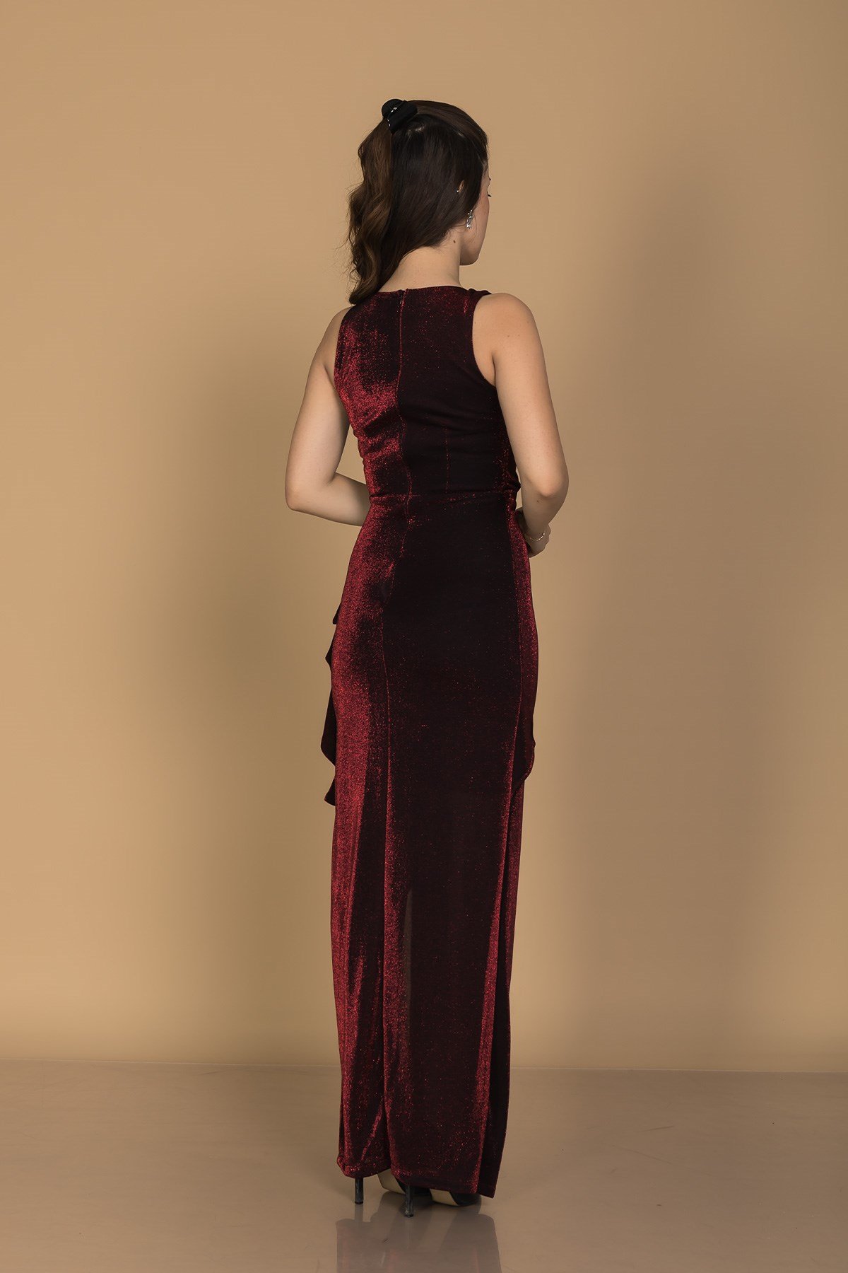 1359 Kruvaze Yaka Yanı Drape Eteği Valonlu Yırtmaç Uzun Sim Elbise