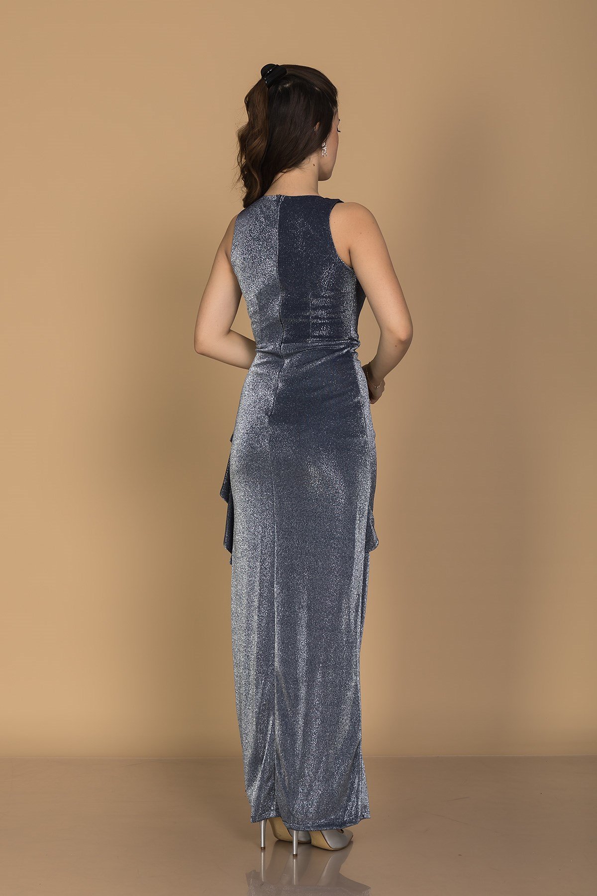 1359 Kruvaze Yaka Yanı Drape Eteği Valonlu Yırtmaç Uzun Sim Elbise