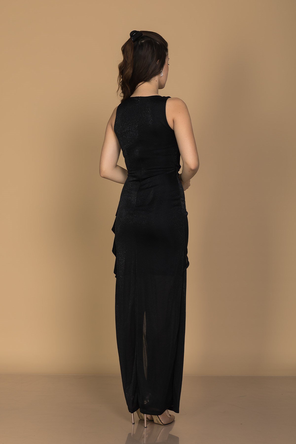 1359 Kruvaze Yaka Yanı Drape Eteği Valonlu Yırtmaç Uzun Sim Elbise