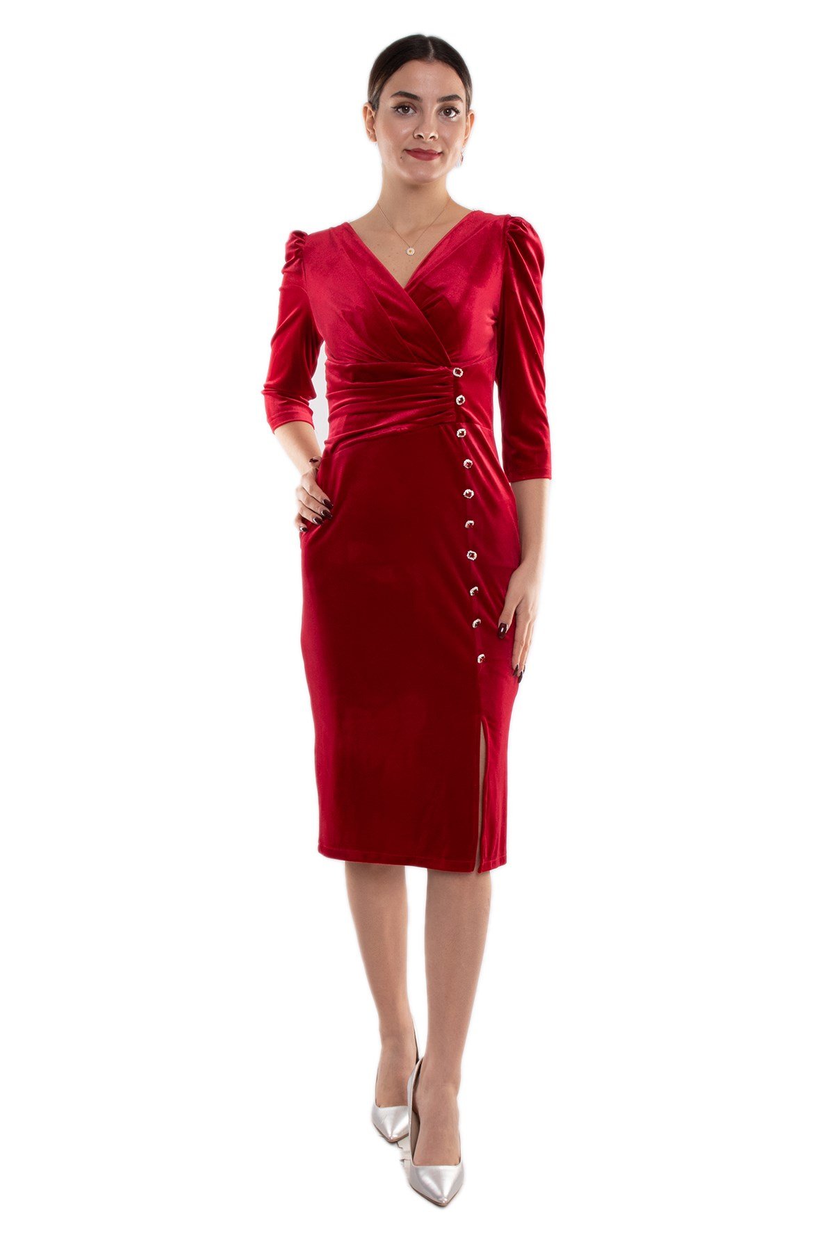 1363 Kruvaze Yaka Taş Düğmeli Uzun Kol Kısa Kadın Kadife Elbise