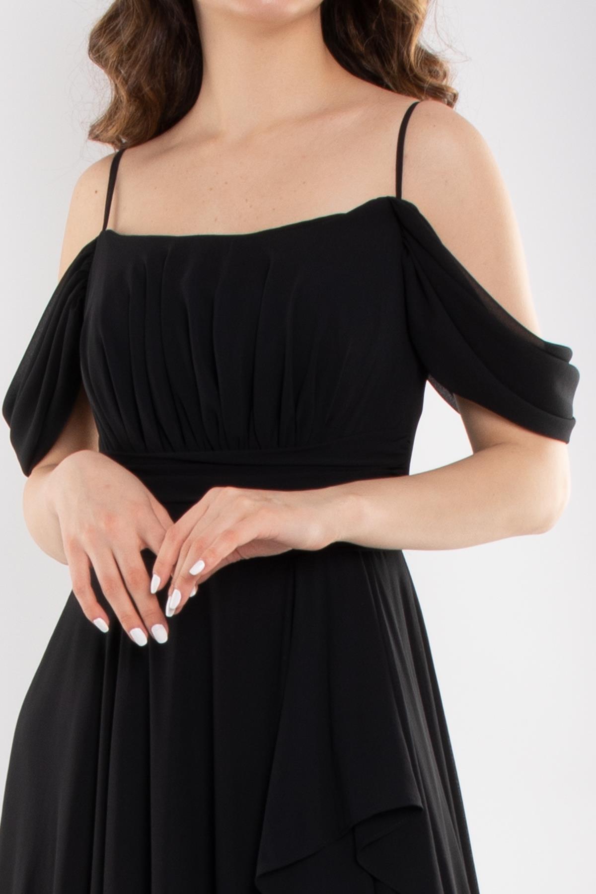 1380 İp Askı Göğüs Drape Yanı Fırfırlı Uzun Şifon Elbise