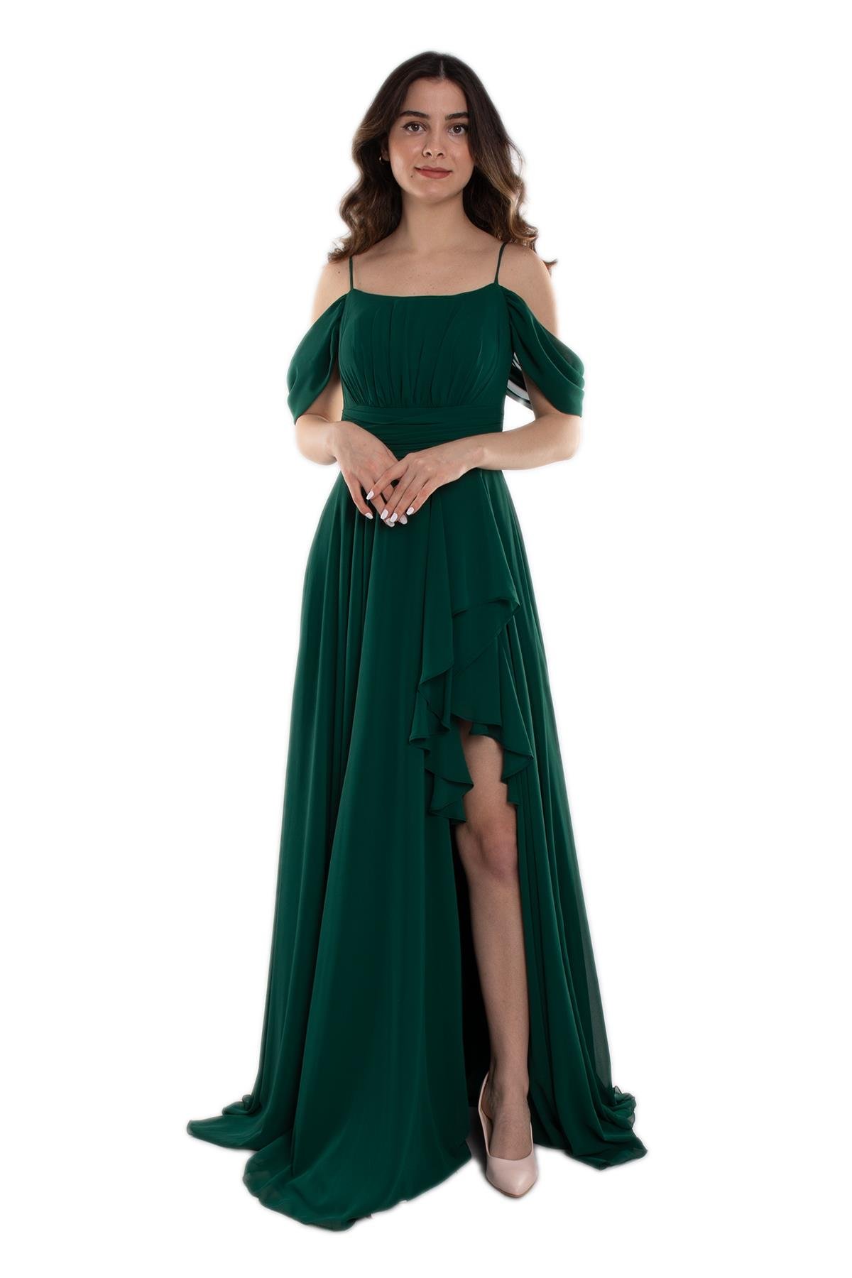 1380 İp Askı Göğüs Drape Yanı Fırfırlı Uzun Şifon Elbise