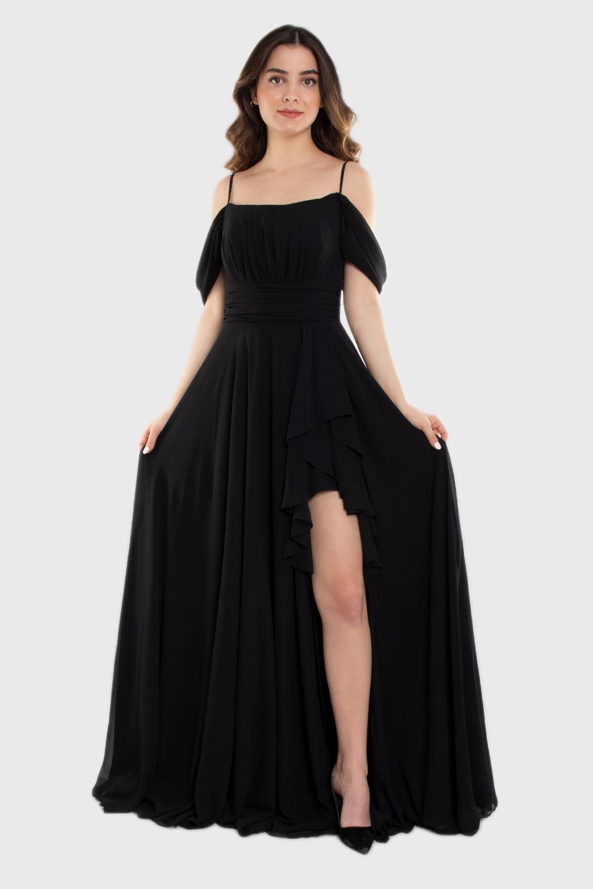 1380 İp Askı Göğüs Drape Yanı Fırfırlı Uzun Şifon Elbise