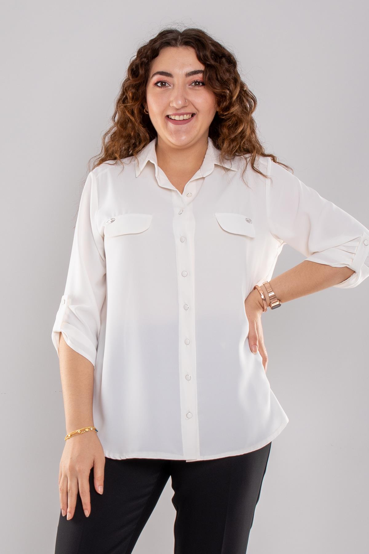 1404 Büyük Beden Cep Kapaklı Truvakar Kol Büyük Beden Kadın Gömlek