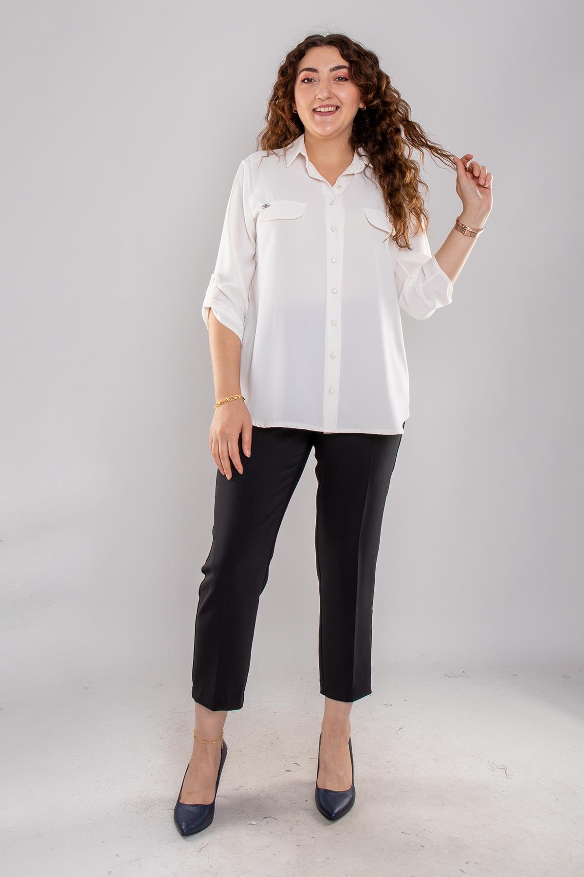 1404 Büyük Beden Cep Kapaklı Truvakar Kol Büyük Beden Kadın Gömlek