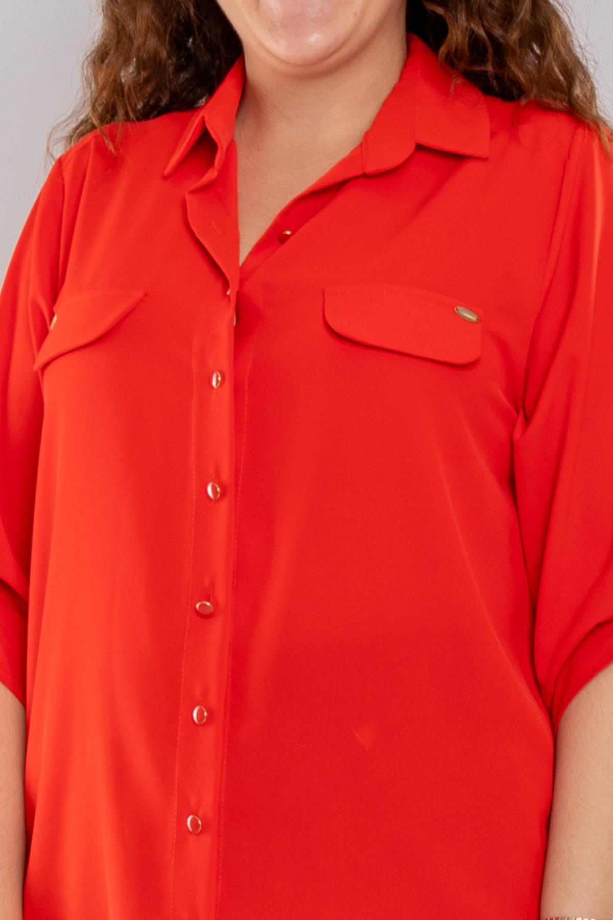 1404 Büyük Beden Cep Kapaklı Truvakar Kol Büyük Beden Kadın Gömlek