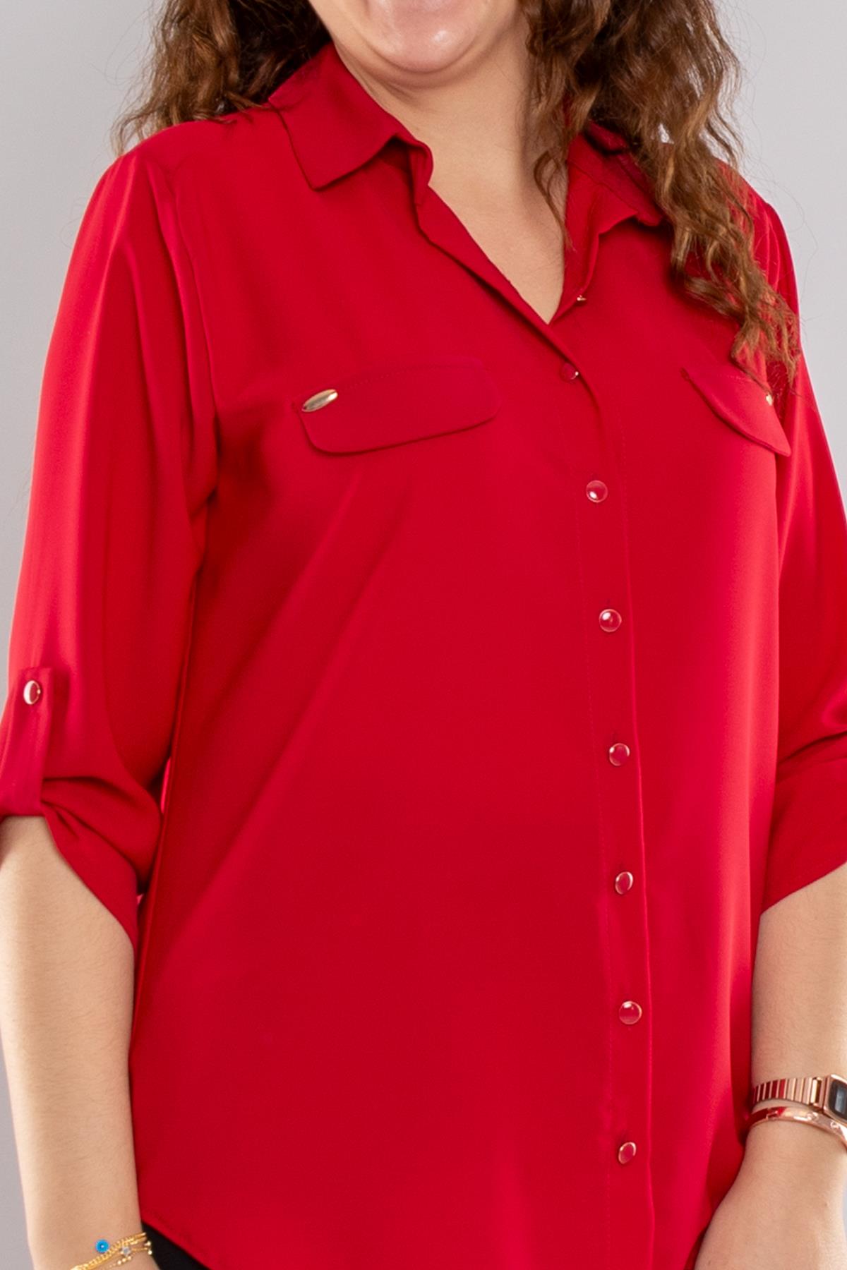 1404 Büyük Beden Cep Kapaklı Truvakar Kol Büyük Beden Kadın Gömlek