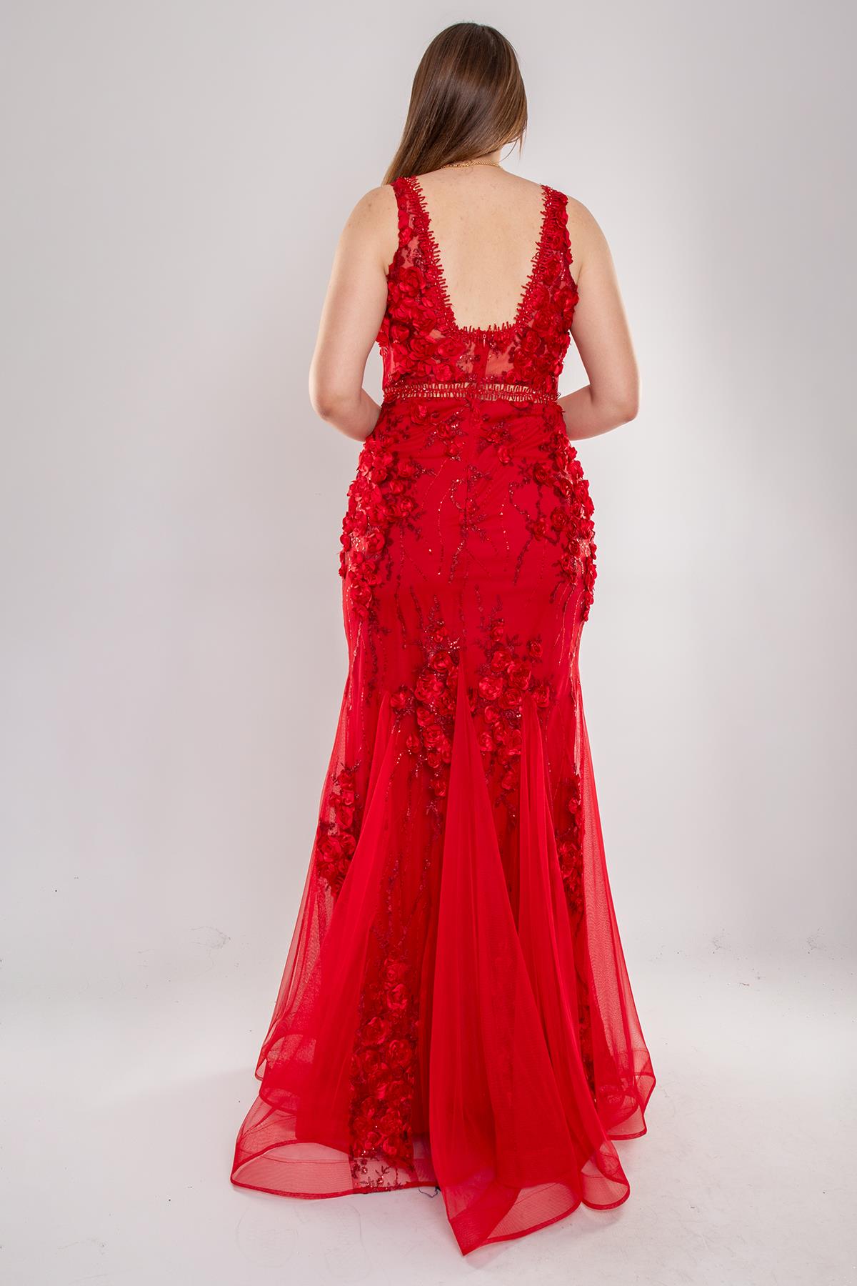 1407 Büyük Beden 3D Çiçek Nakışlı Transparan Detay Nişanlık