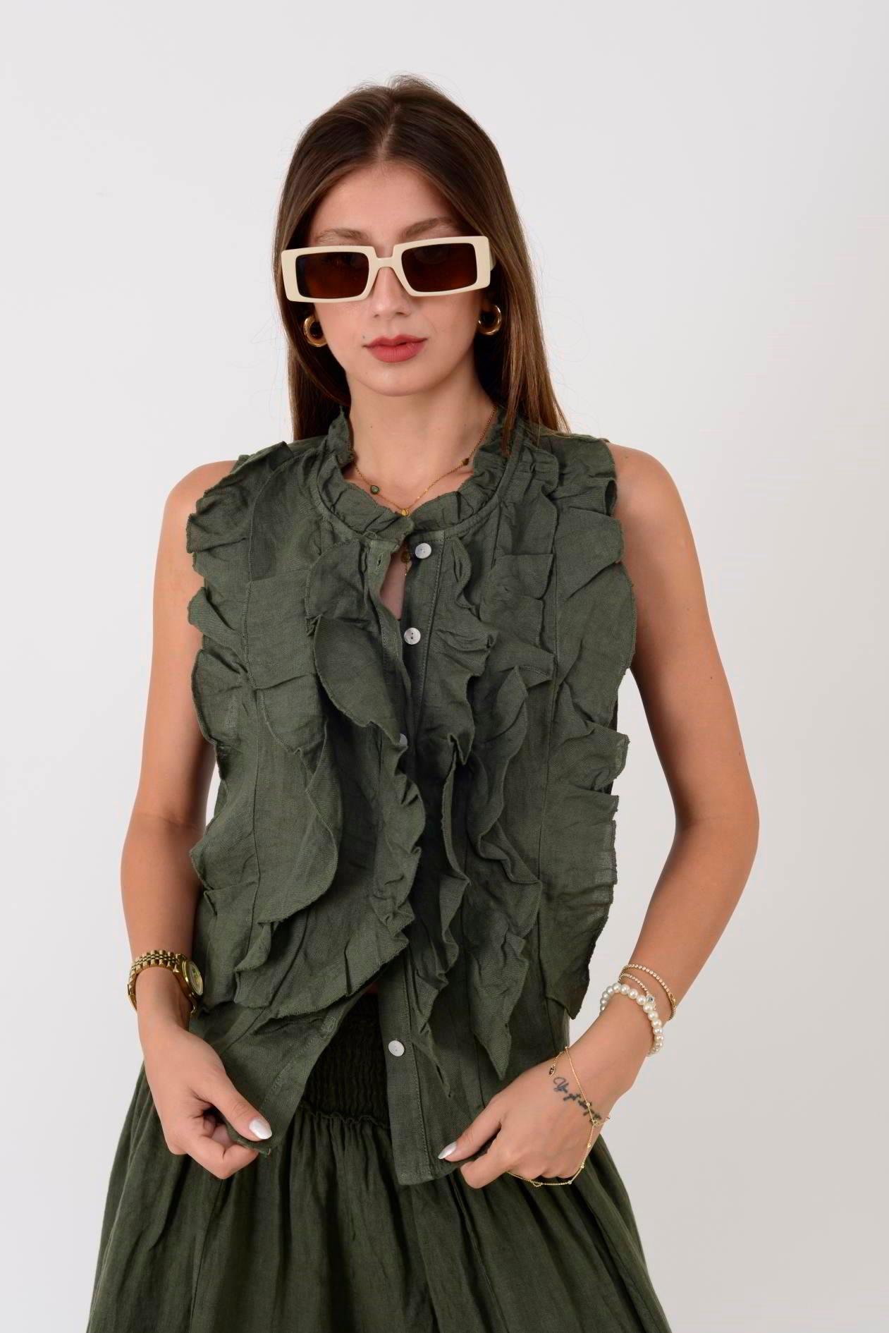 14092 Düz Desen Fırfırlı Düğmeli Kolsuz Keten Bluz