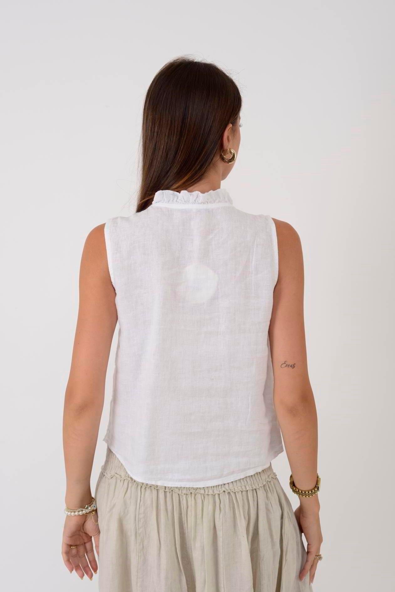 14092 Düz Desen Fırfırlı Düğmeli Kolsuz Keten Bluz