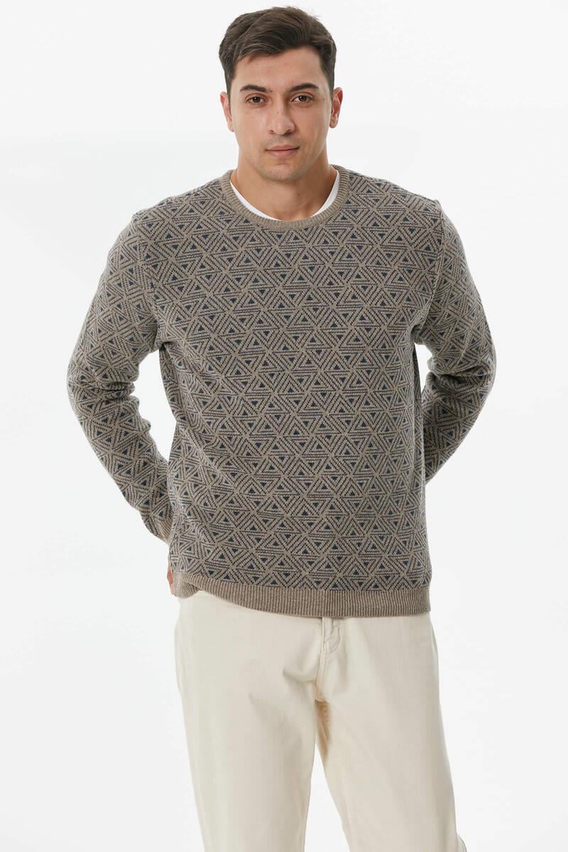14225 Yünlü Sıfır Yaka Desenli Erkek Triko Kazak