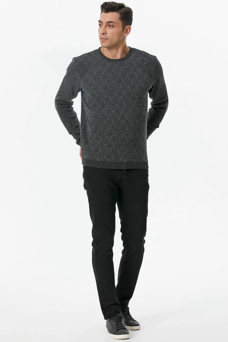 14225 Yünlü Sıfır Yaka Desenli Erkek Triko Kazak