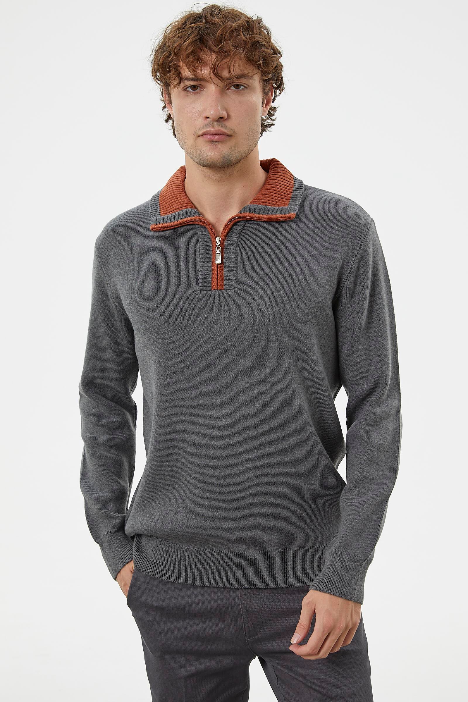 14252 Dik Yaka Fermuarlı Triko Erkek Kazak