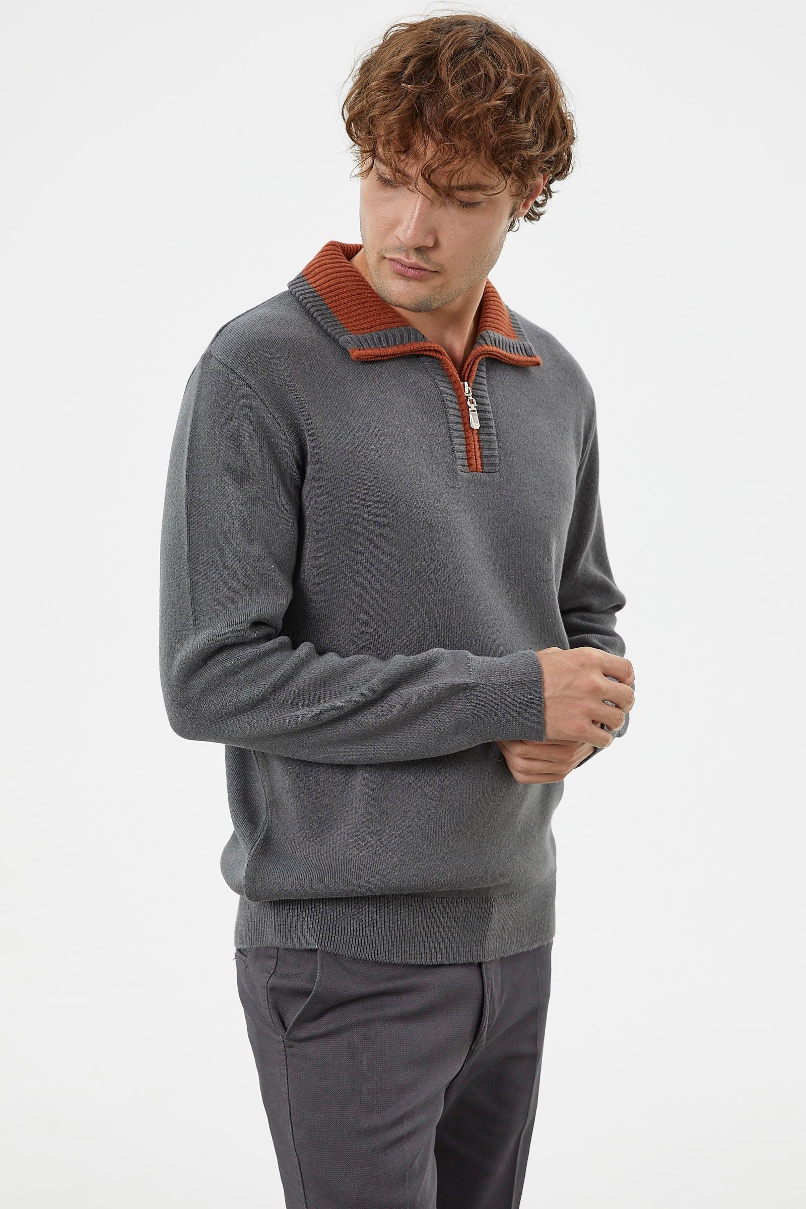 14252 Dik Yaka Fermuarlı Triko Erkek Kazak