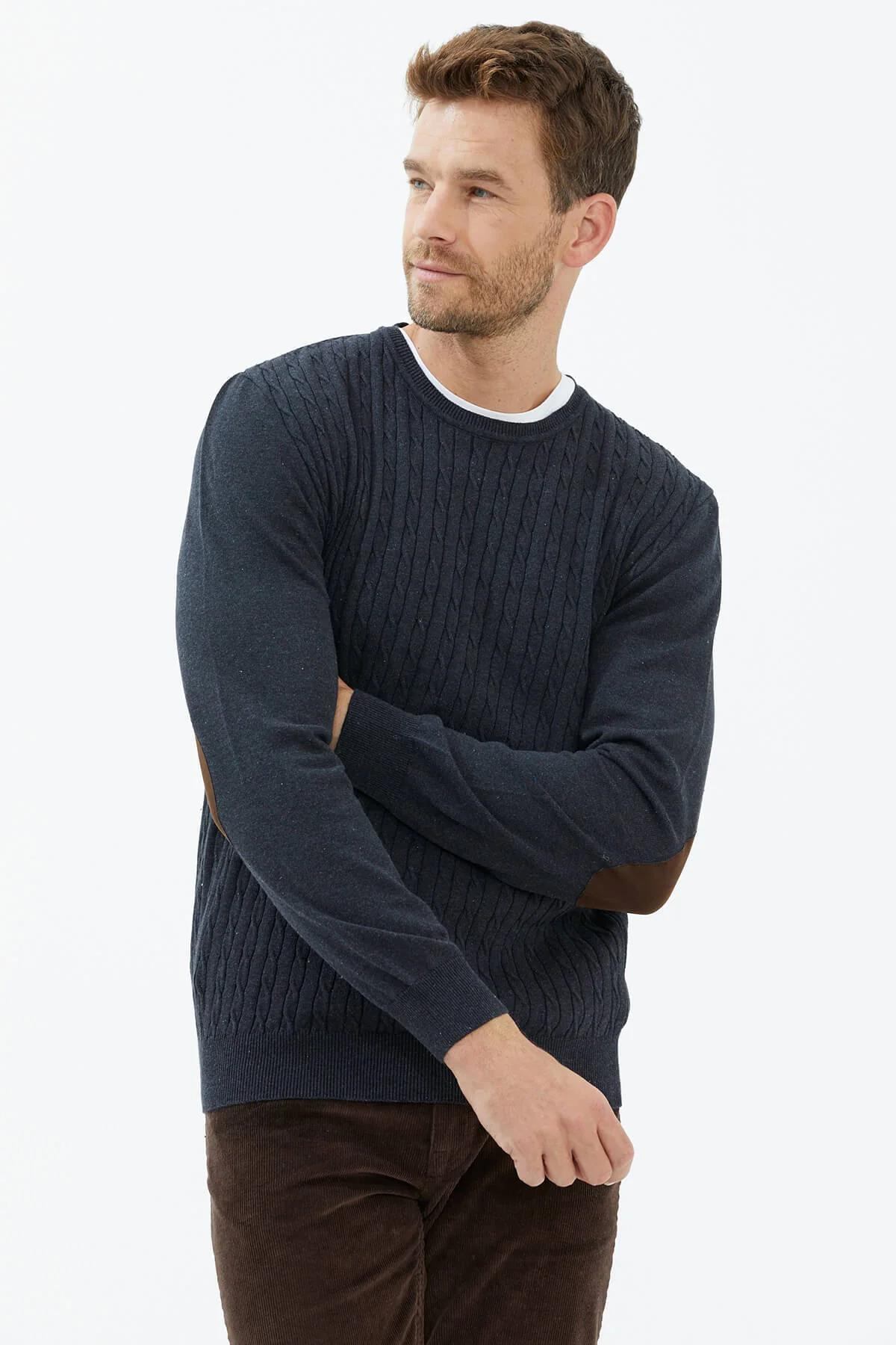 14265 Süet Garnili Saç Örgülü Erkek Triko Kazak