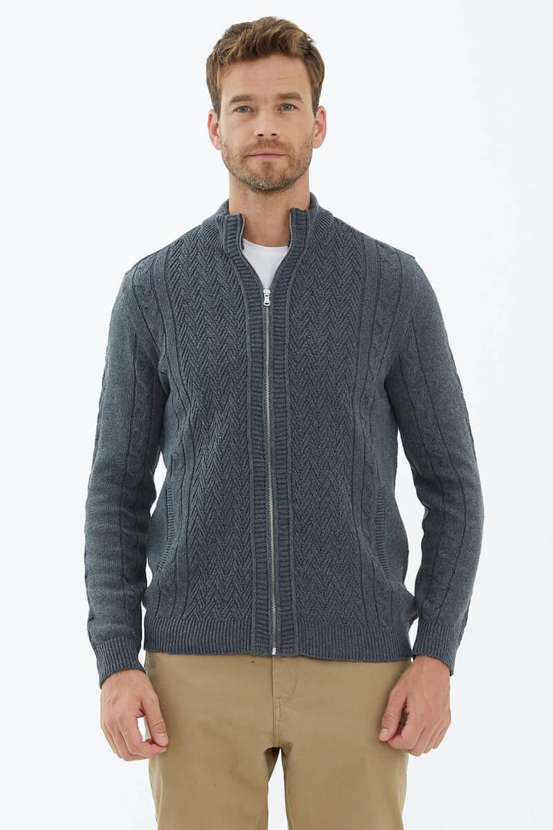 14286 Yünlü Dik Yaka Fermuarlı Erkek Triko Hırka