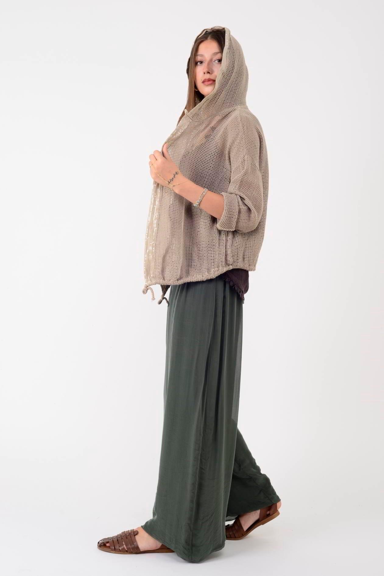 14316 Düz Desen Pullu Kapüşonlu Fileli Keten Ceket