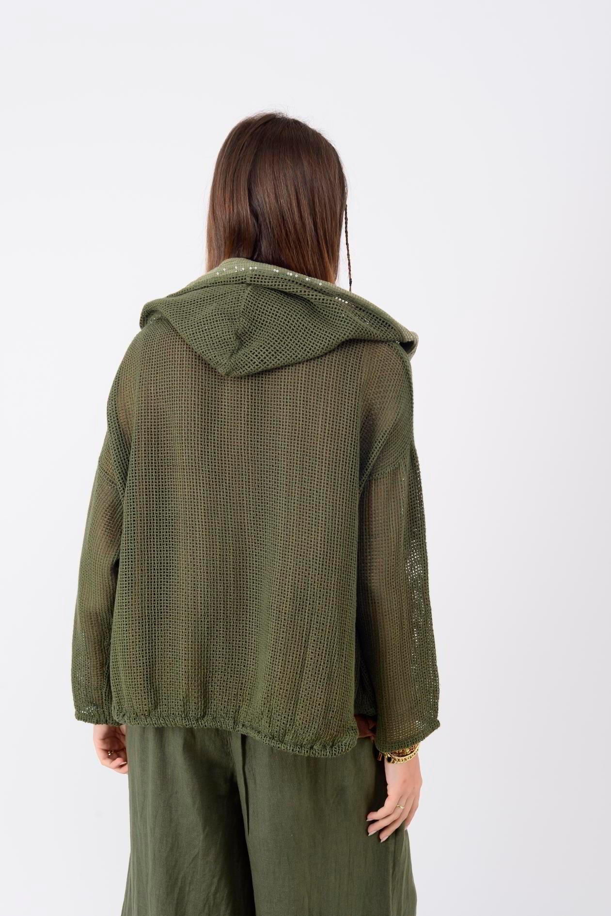 14316 Düz Desen Pullu Kapüşonlu Fileli Keten Ceket