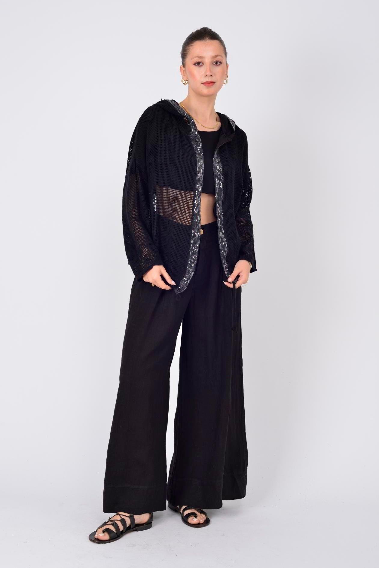 14316 Düz Desen Pullu Kapüşonlu Fileli Keten Ceket