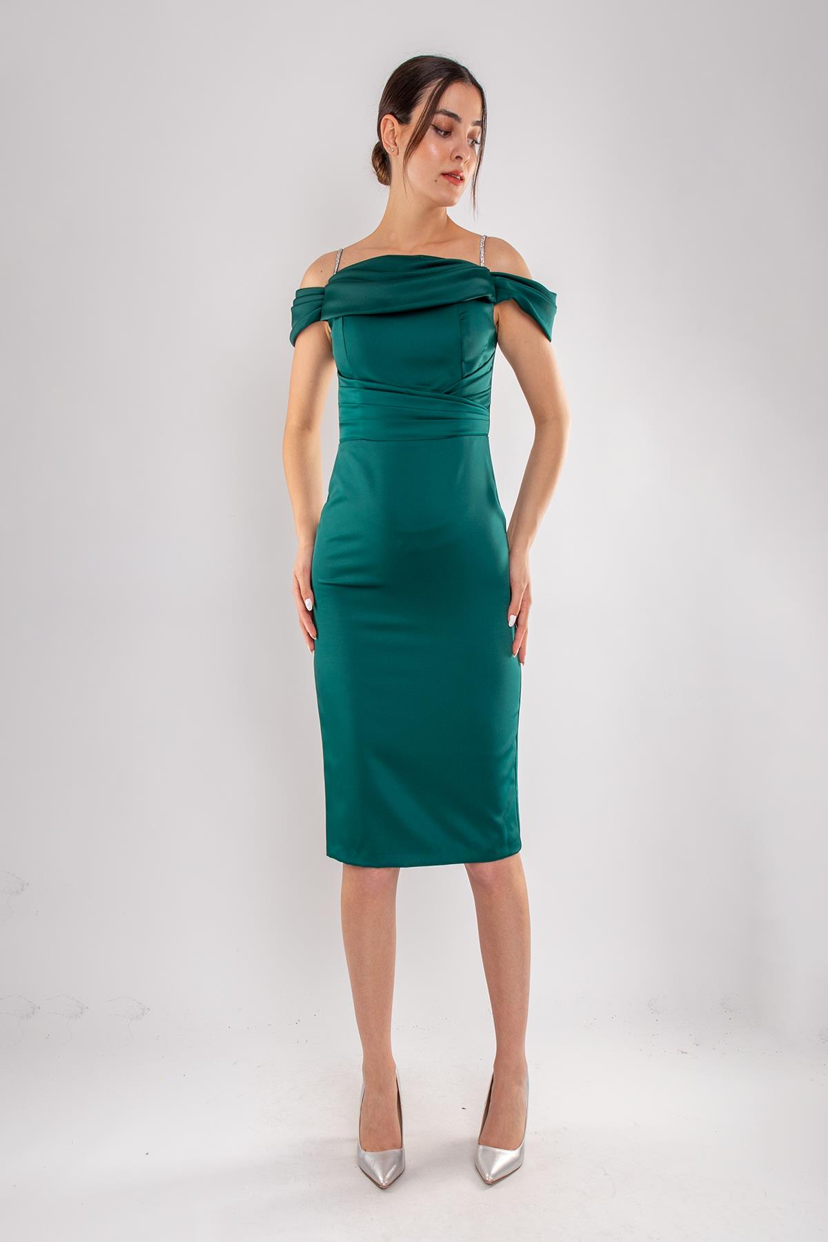 1439 Şalyaka Beli Drapeli İpAskı Kısa Saten Elbise