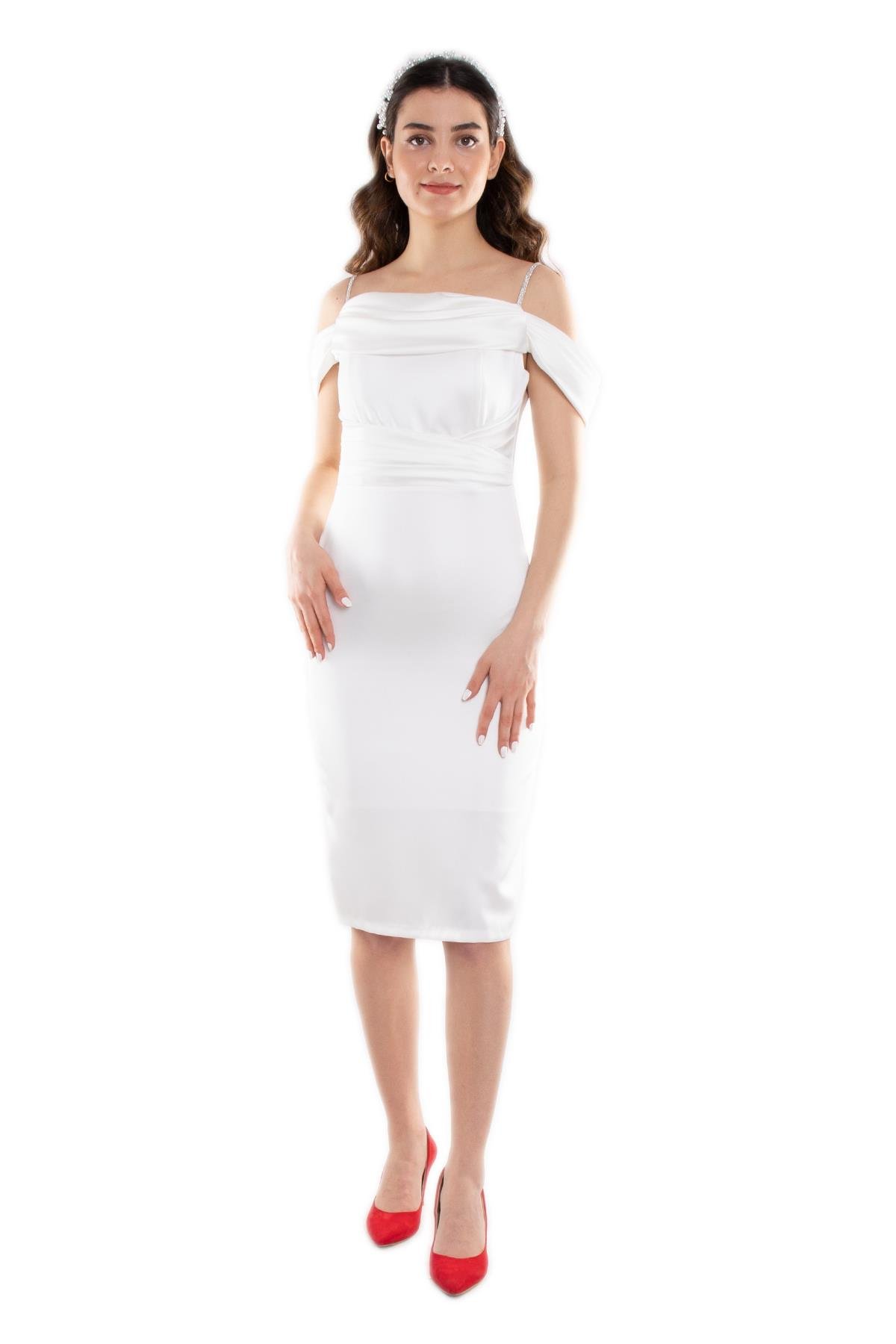 1439 Şalyaka Beli Drapeli İpAskı Kısa Saten Elbise