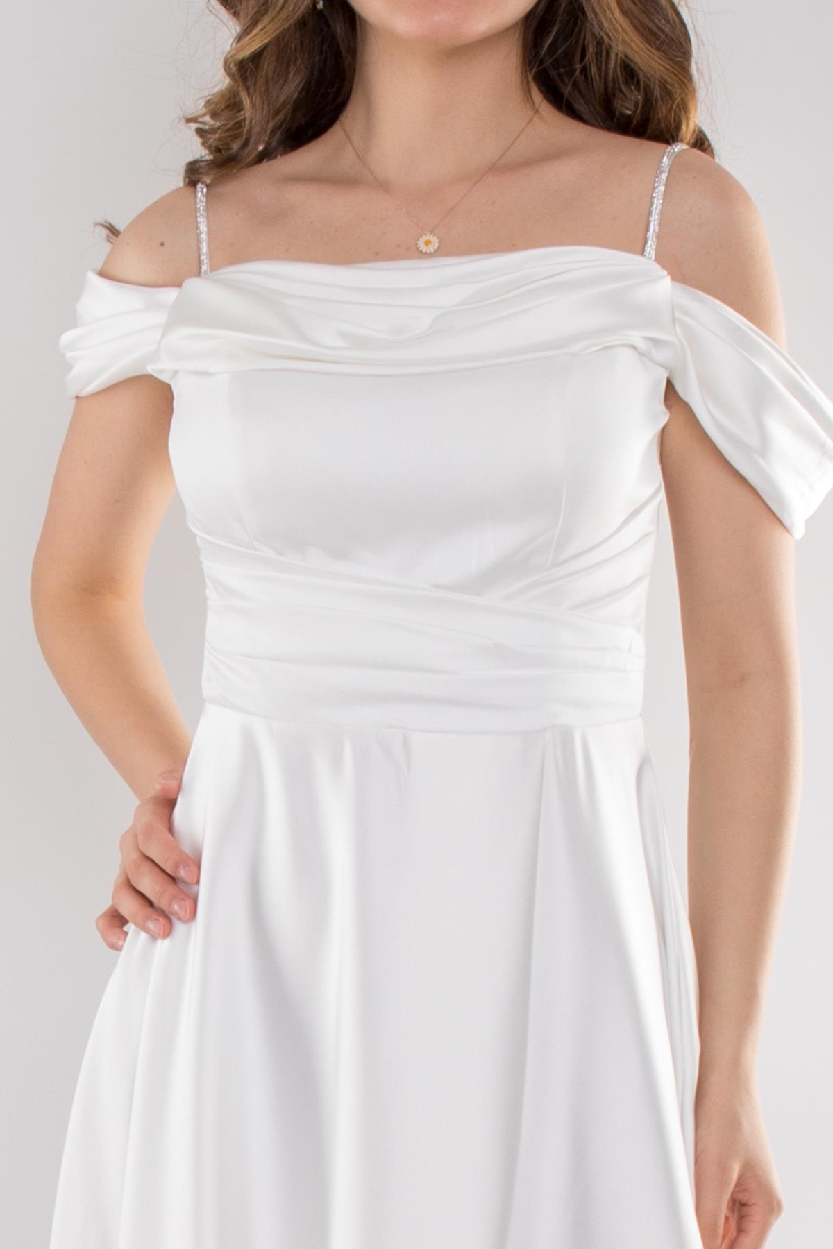 1440 Şalyaka Beli Drape İpAskı Uzun Saten Elbise