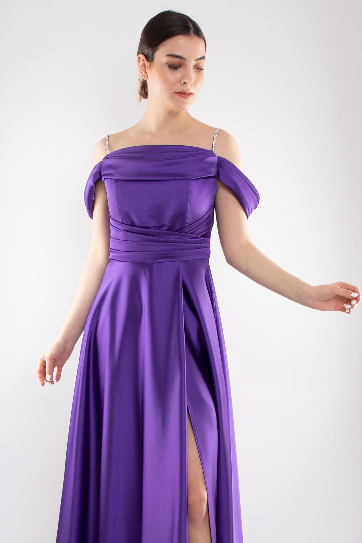 1440 Şalyaka Beli Drape İpAskı Uzun Saten Elbise