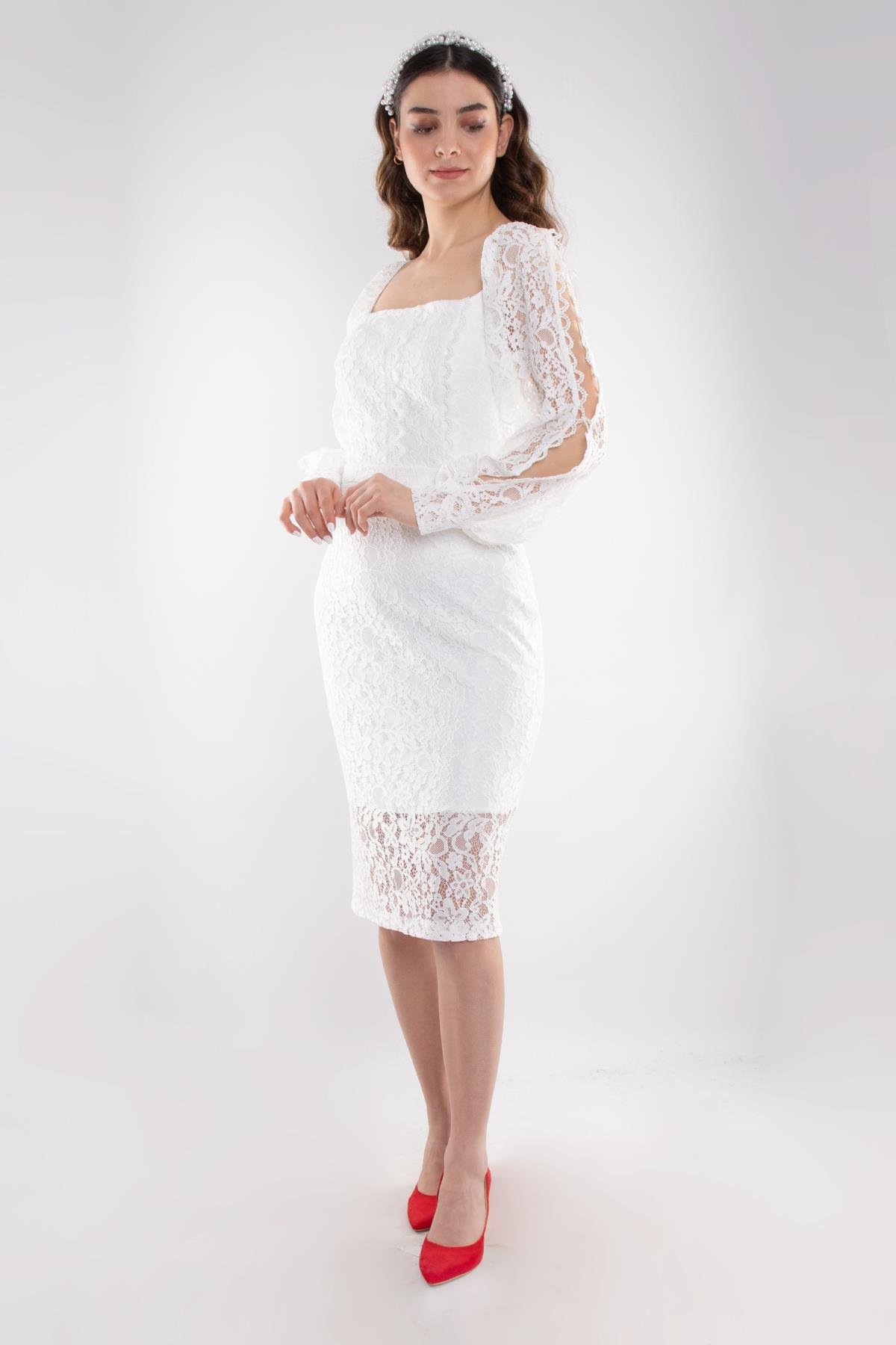 1442 Kare Yaka Kol Yırtmaçlı Dantel Kısa Nikahlık Elbise