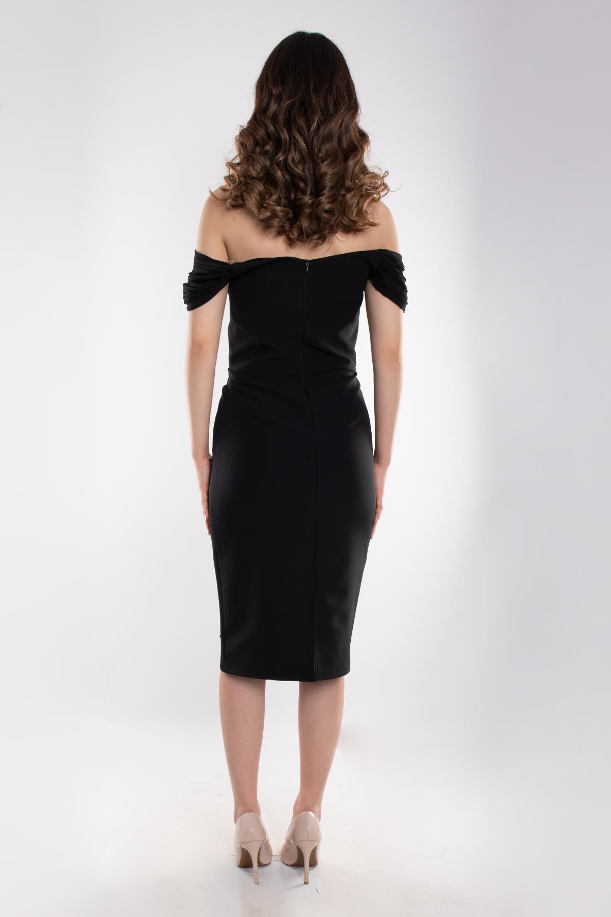 1446 İncili Gögsü Şalyaka Kısa Krep Nikahlık Elbise