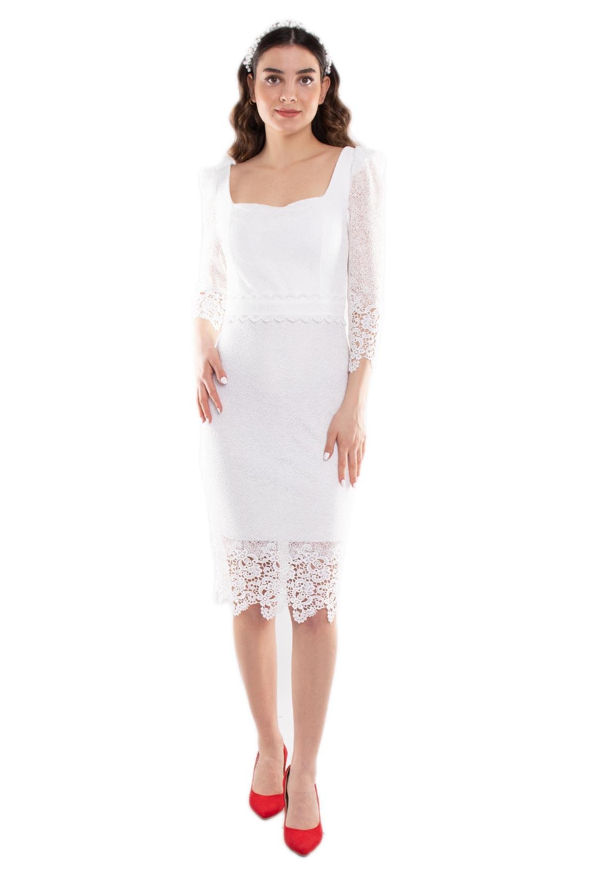 1447 Örümcek Ağ Güpür Detay KareYaka Karpuz Kol Nikahlık Kısa Elbise