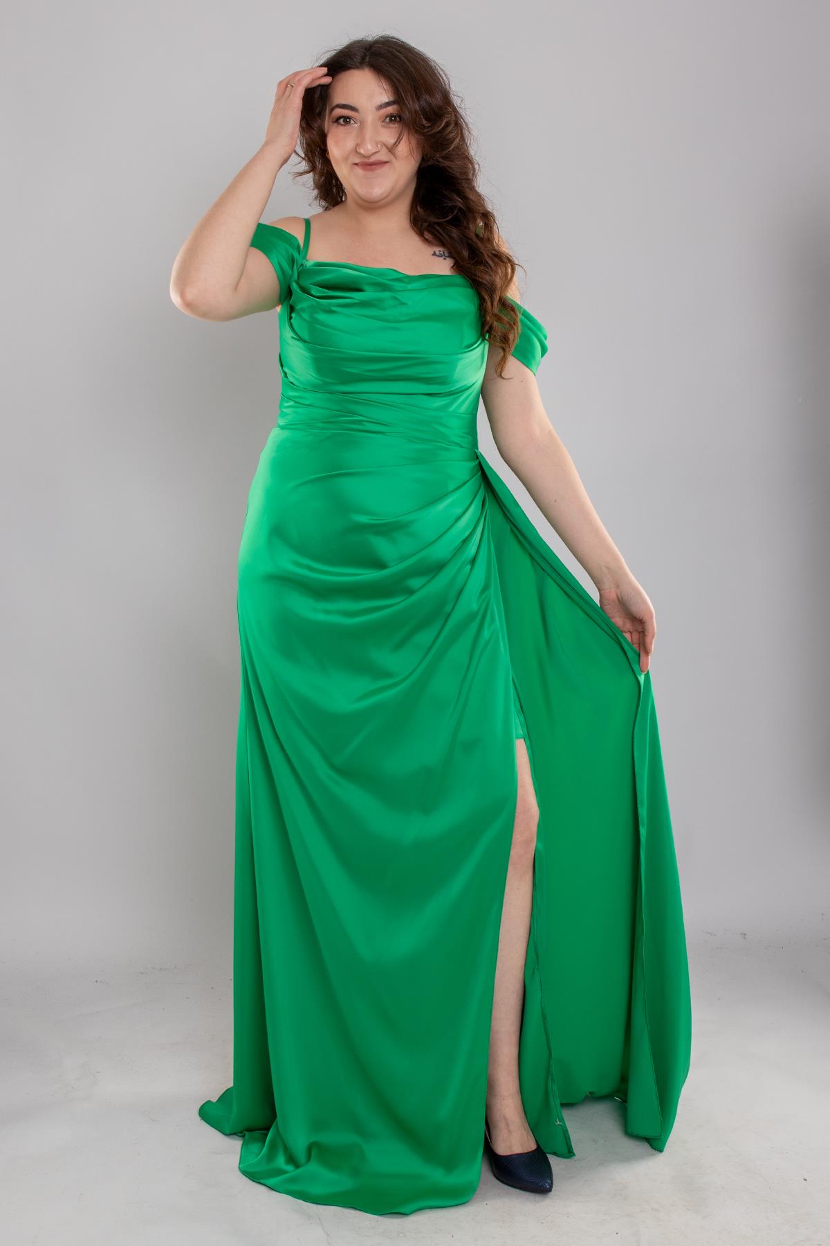 1449 Büyük Beden İp Askı Şal Yaka Kuyruklu Saten Uzun Elbise