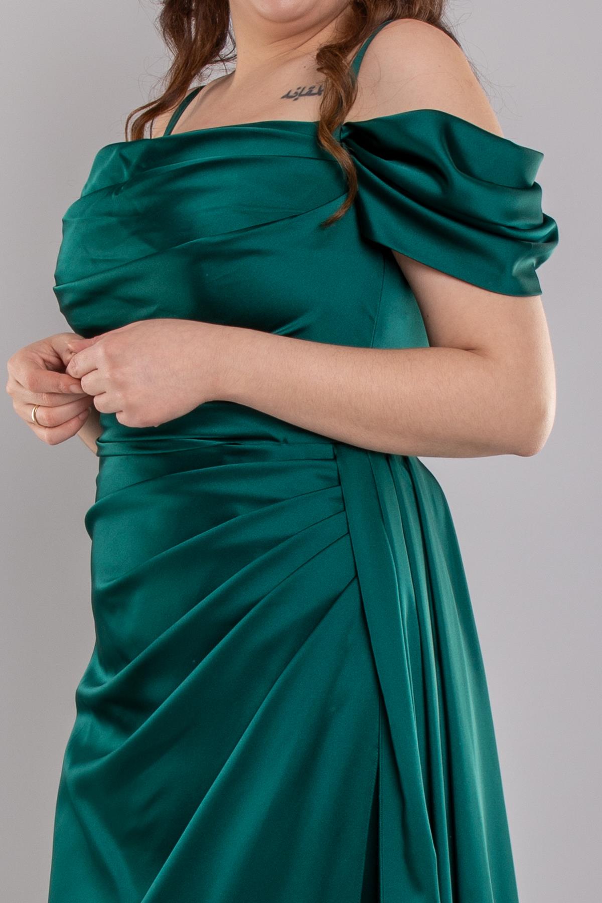 1449 Büyük Beden İp Askı Şal Yaka Kuyruklu Saten Uzun Elbise