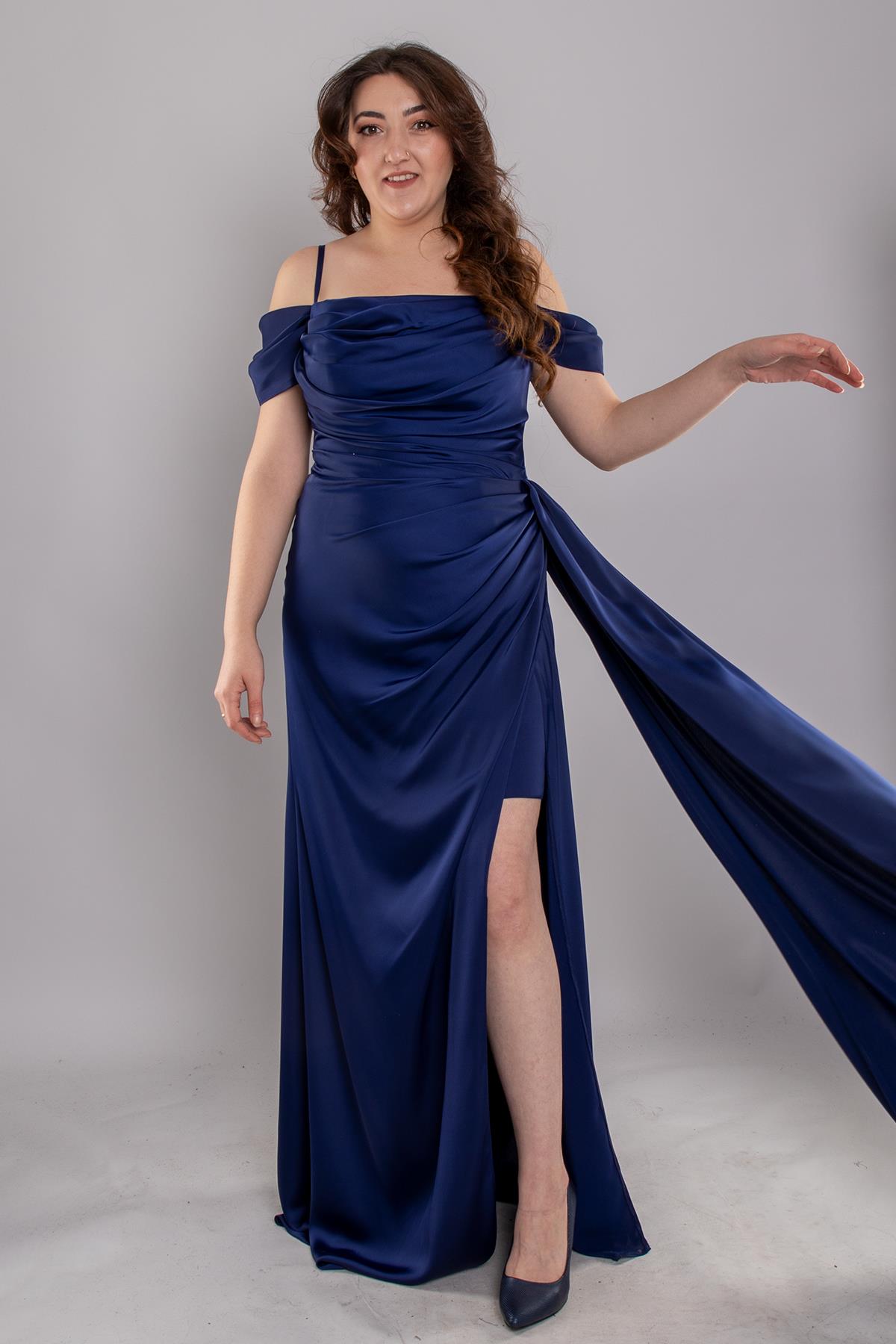 1449 Büyük Beden İp Askı Şal Yaka Kuyruklu Saten Uzun Elbise