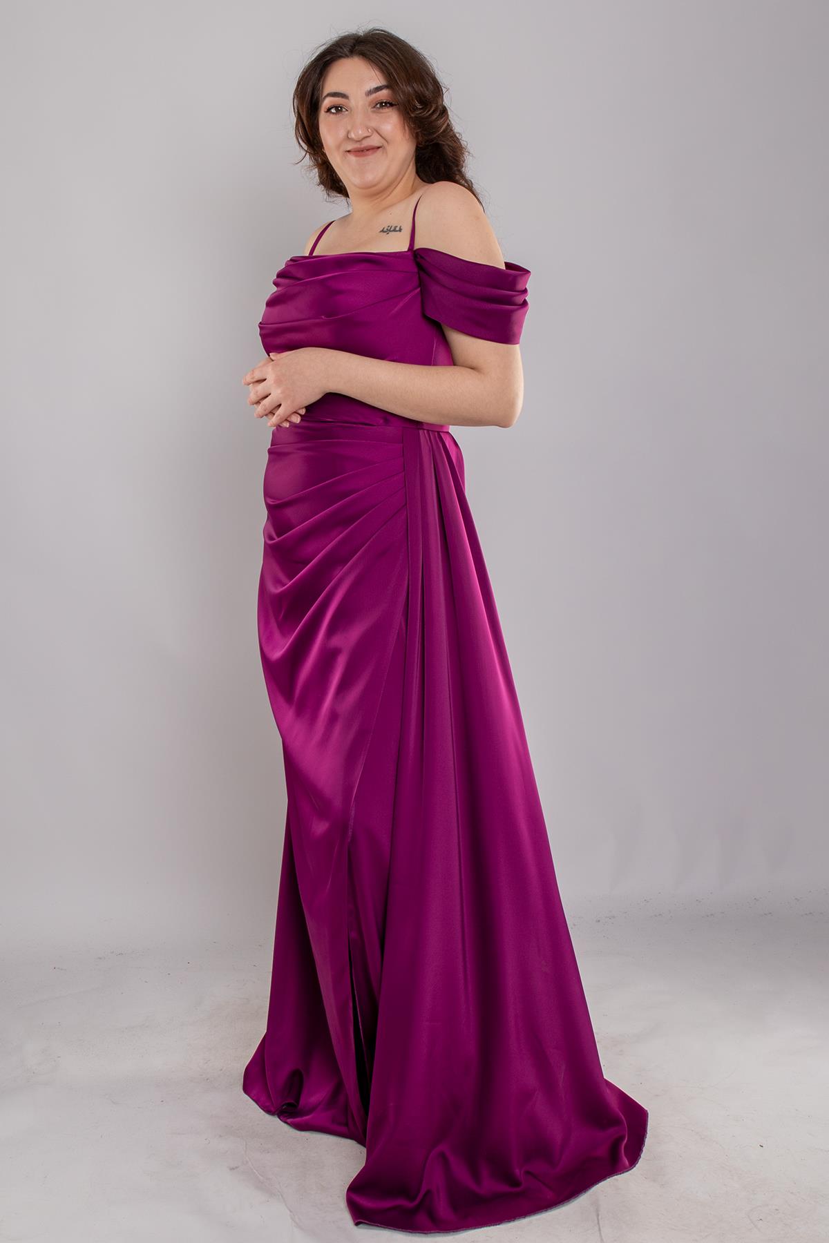 1449 Büyük Beden İp Askı Şal Yaka Kuyruklu Saten Uzun Elbise